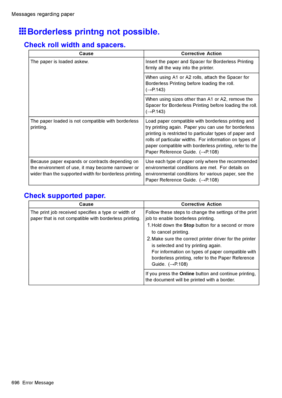 Canon 3175B002 user manual Borderless printng not possible, Check roll width and spacers, Check supported paper 