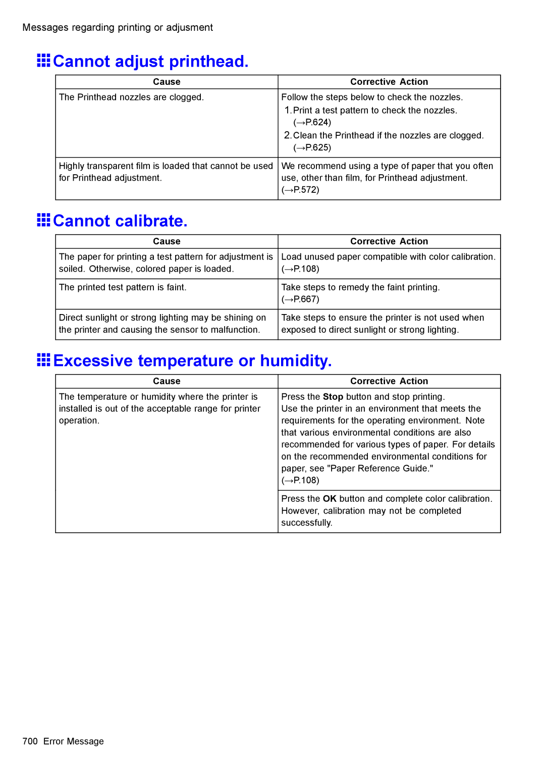 Canon 3175B002 user manual Cannot adjust printhead, Cannot calibrate, Excessive temperature or humidity 