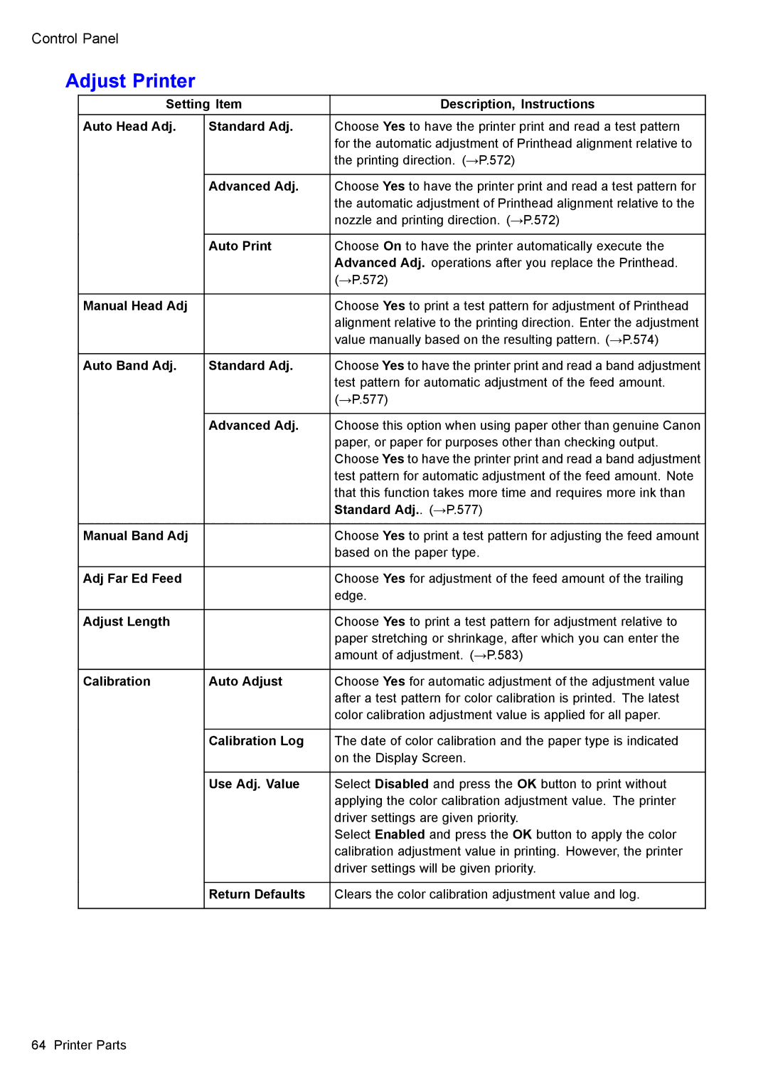 Canon 3175B002 user manual Adjust Printer, Auto Band Adj Standard Adj, Standard Adj. . →P.577, Calibration Auto Adjust 