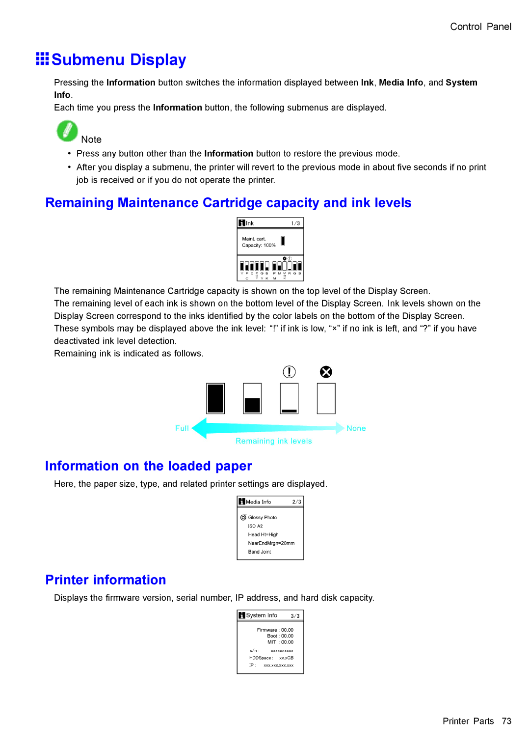 Canon 3175B002 Submenu Display, Remaining Maintenance Cartridge capacity and ink levels, Information on the loaded paper 