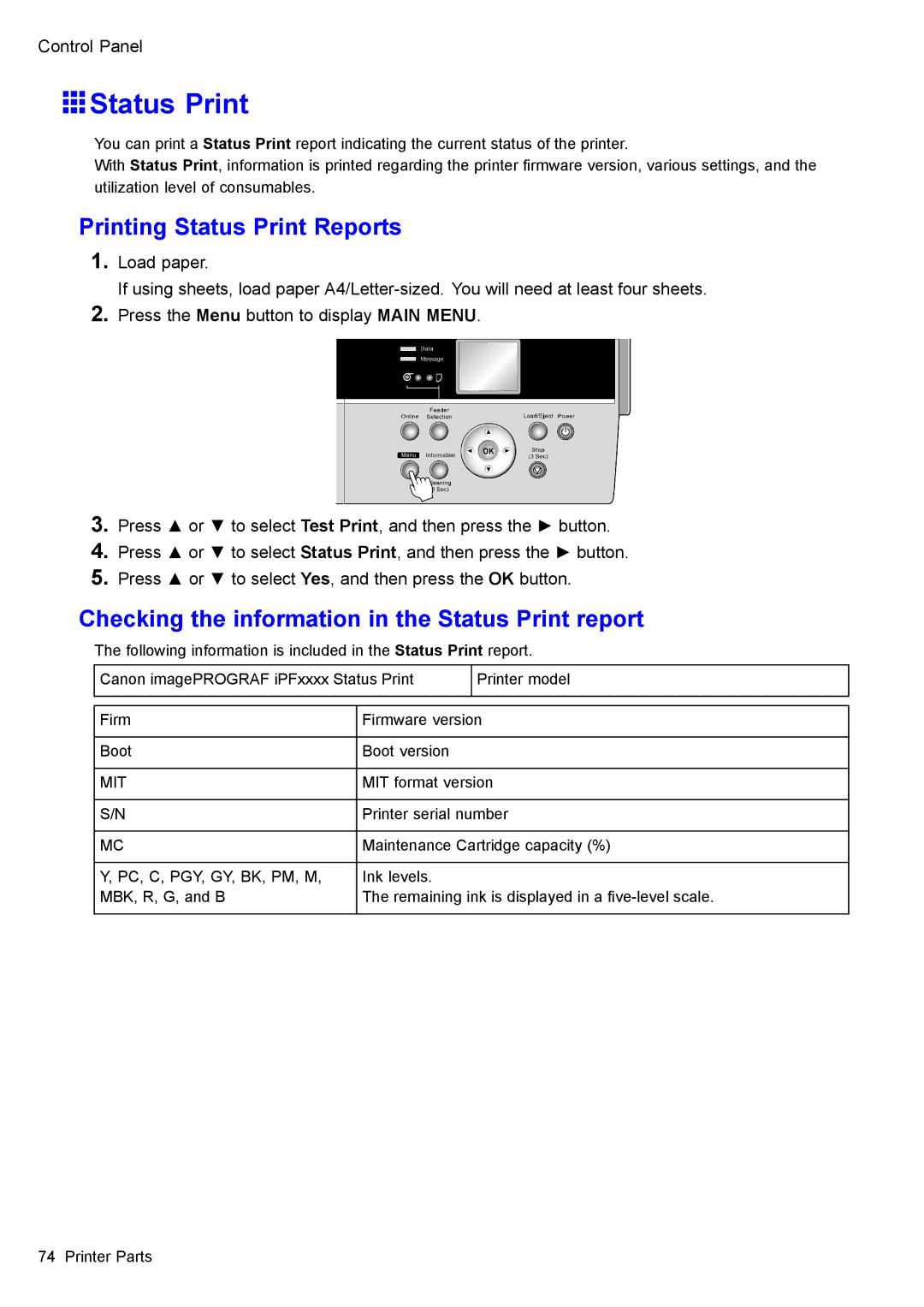 Canon 3175B002 user manual Printing Status Print Reports, Checking the information in the Status Print report 