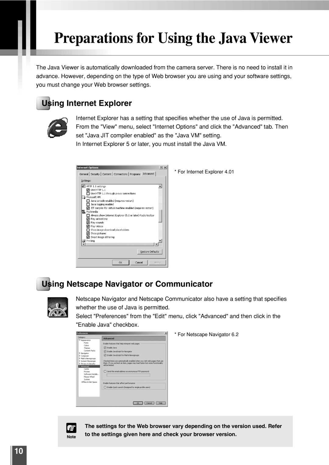 Canon 3.2 Preparations for Using the Java Viewer, Using Internet Explorer, Using Netscape Navigator or Communicator 