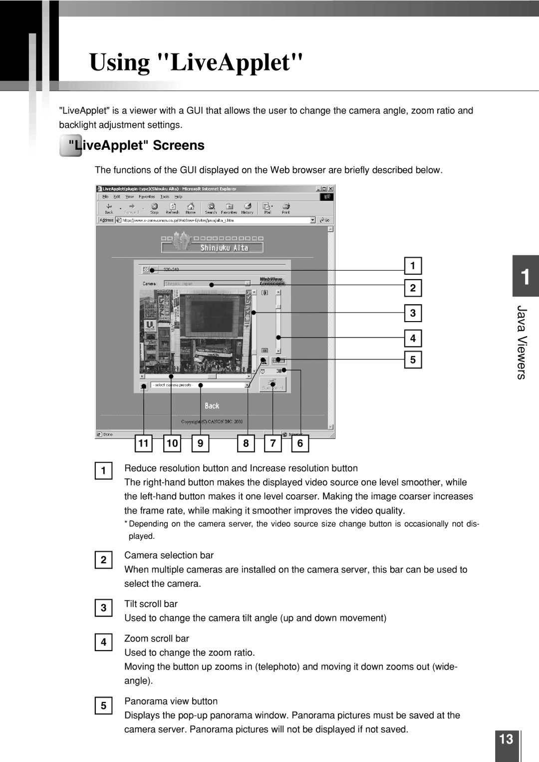 Canon 3.2 user manual Using LiveApplet, LiveApplet Screens 