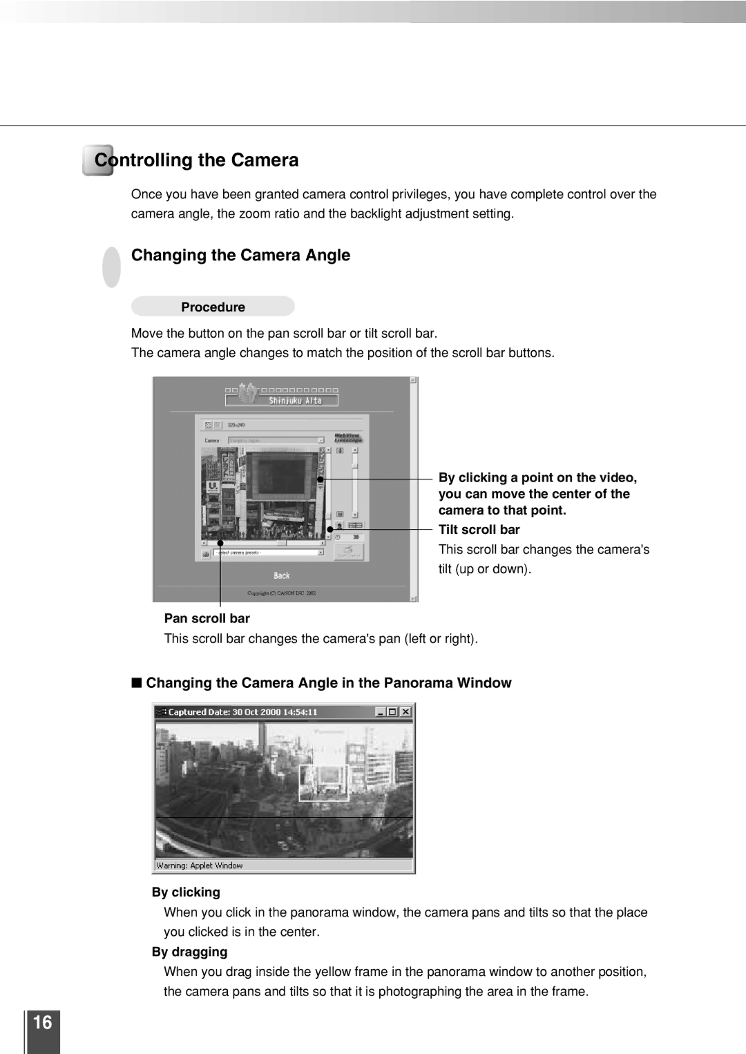 Canon 3.2 user manual Controlling the Camera, Changing the Camera Angle in the Panorama Window 