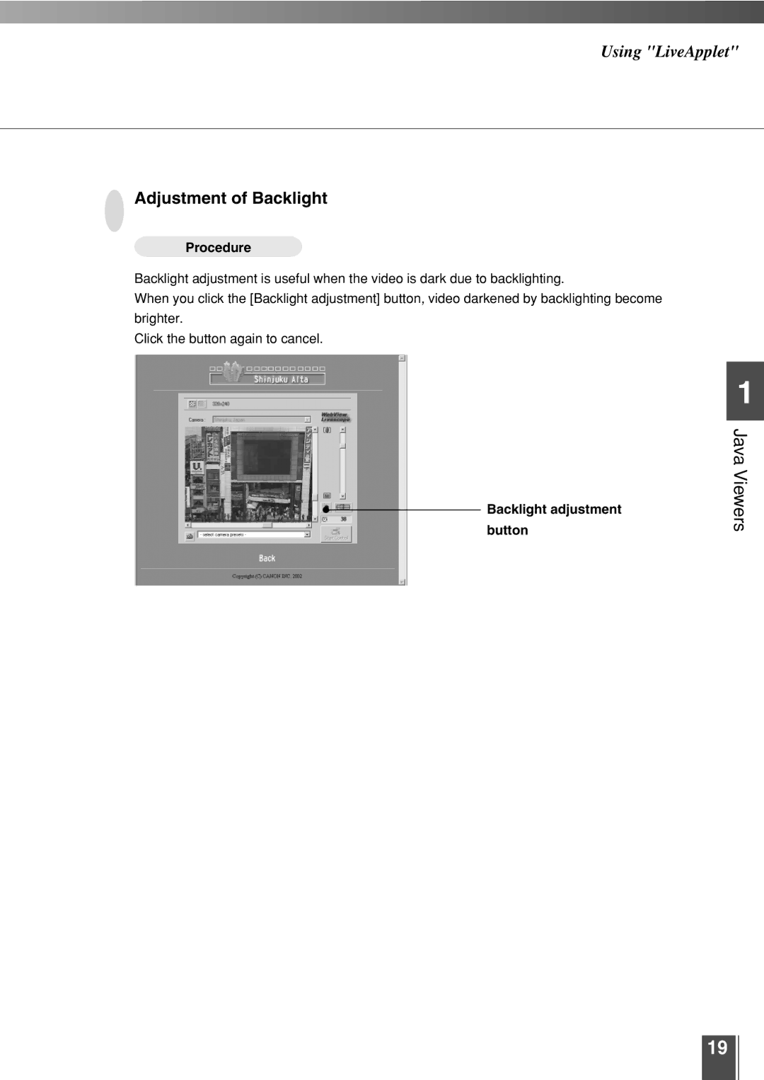 Canon 3.2 user manual Adjustment of Backlight 