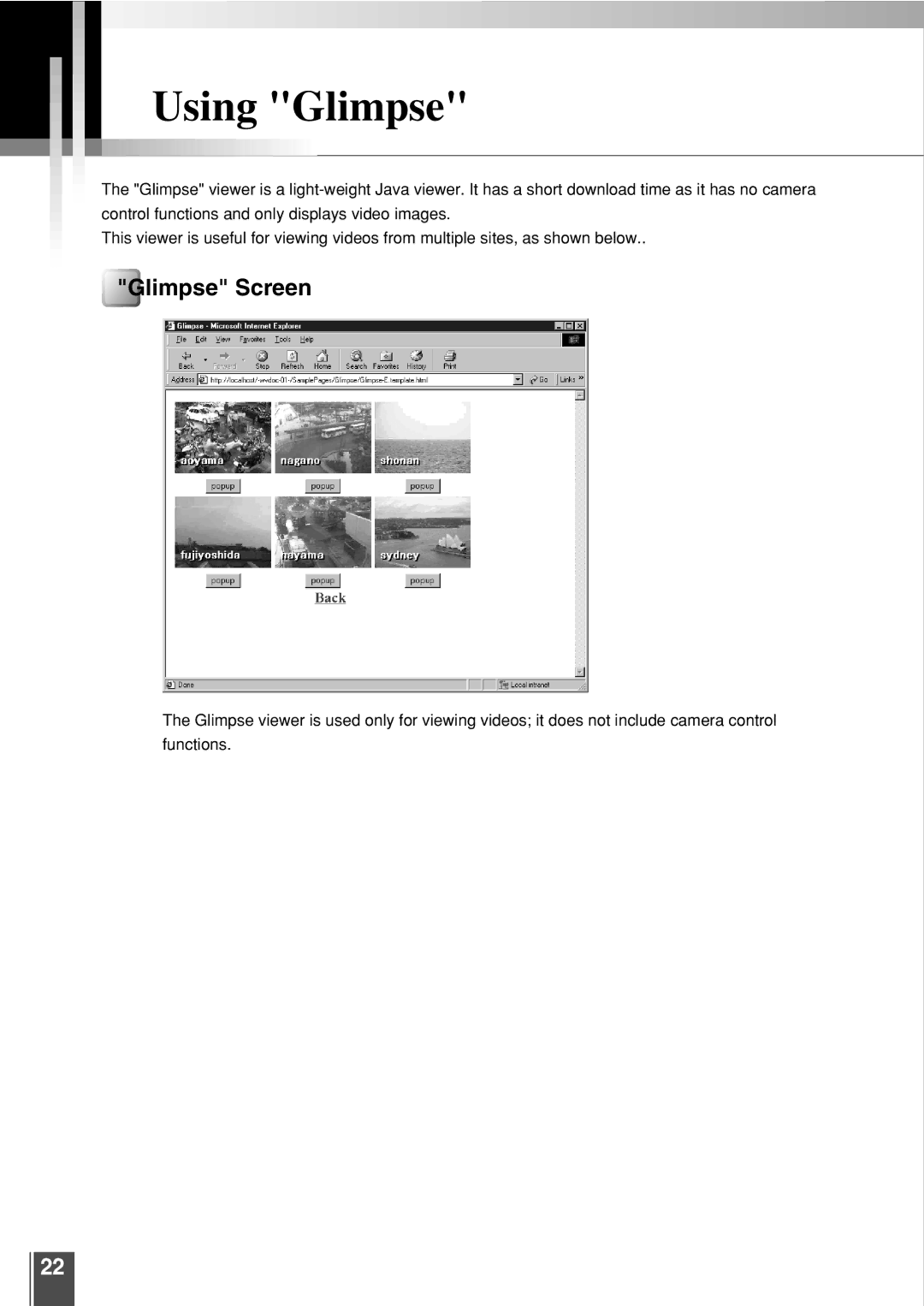 Canon 3.2 user manual Using Glimpse, Glimpse Screen 