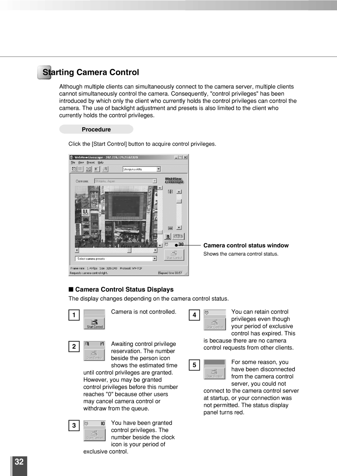 Canon 3.2 user manual Click the Start Control button to acquire control privileges 