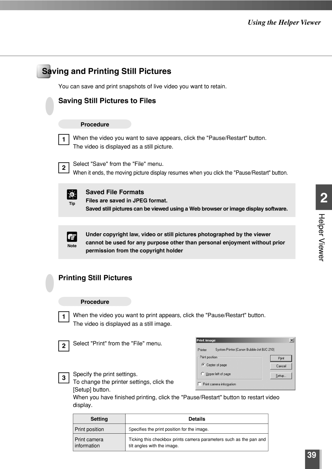 Canon 3.2 user manual Saving and Printing Still Pictures, Saving Still Pictures to Files, Saved File Formats 