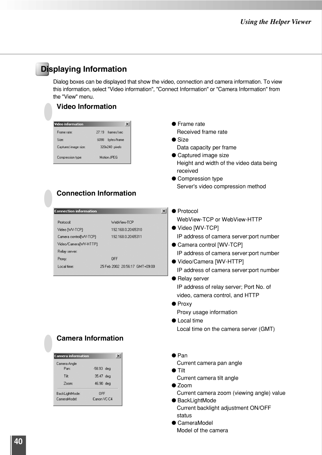 Canon 3.2 user manual Displaying Information, Video Information, Connection Information, Camera Information 