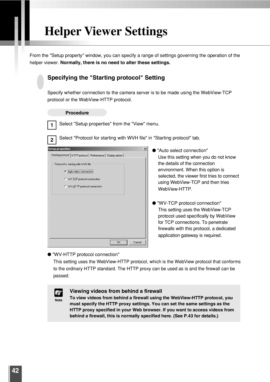 Canon 3.2 Helper Viewer Settings, Specifying the Starting protocol Setting, Viewing videos from behind a firewall 