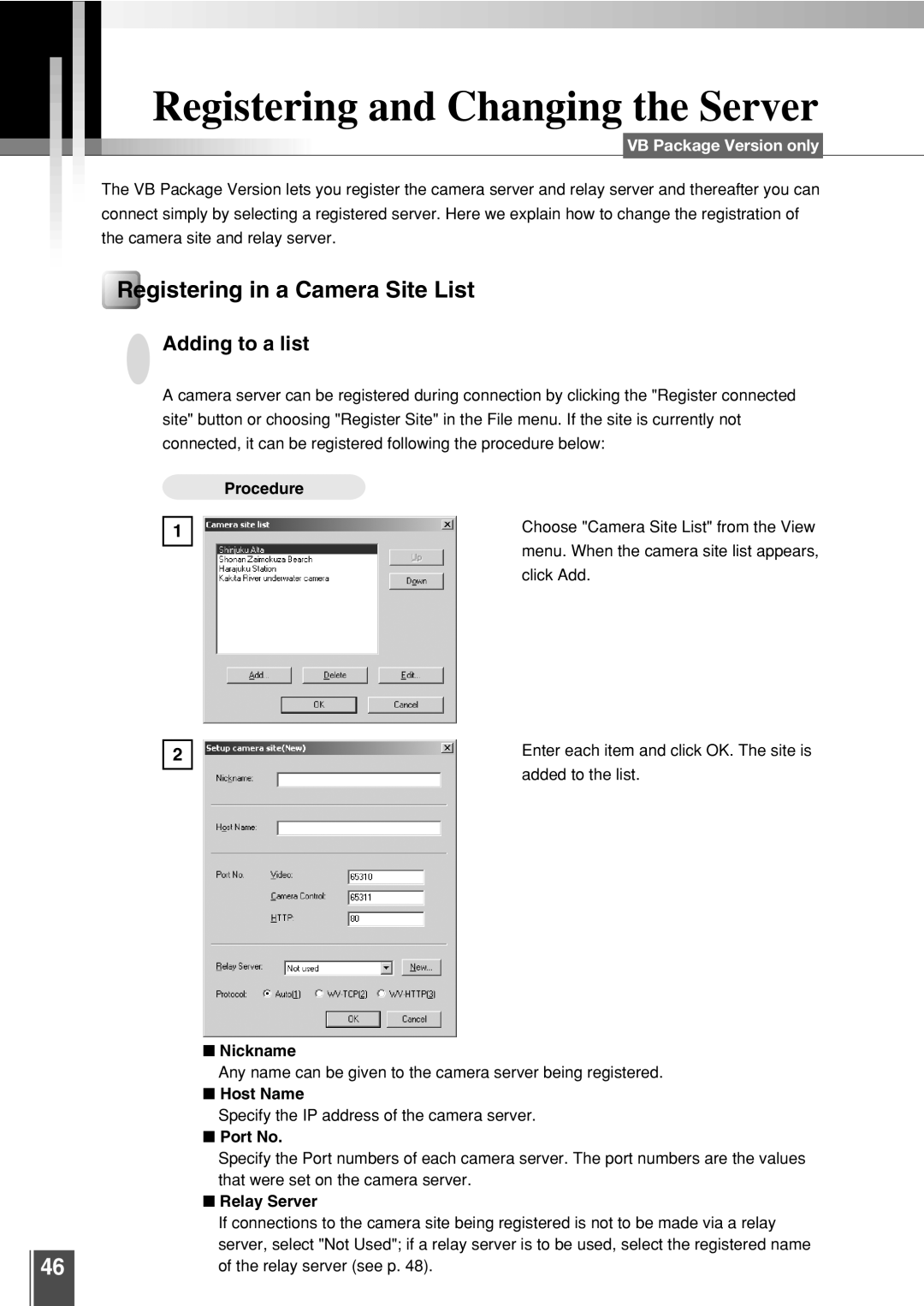 Canon 3.2 user manual Registering and Changing the Server, Registering in a Camera Site List, Adding to a list 