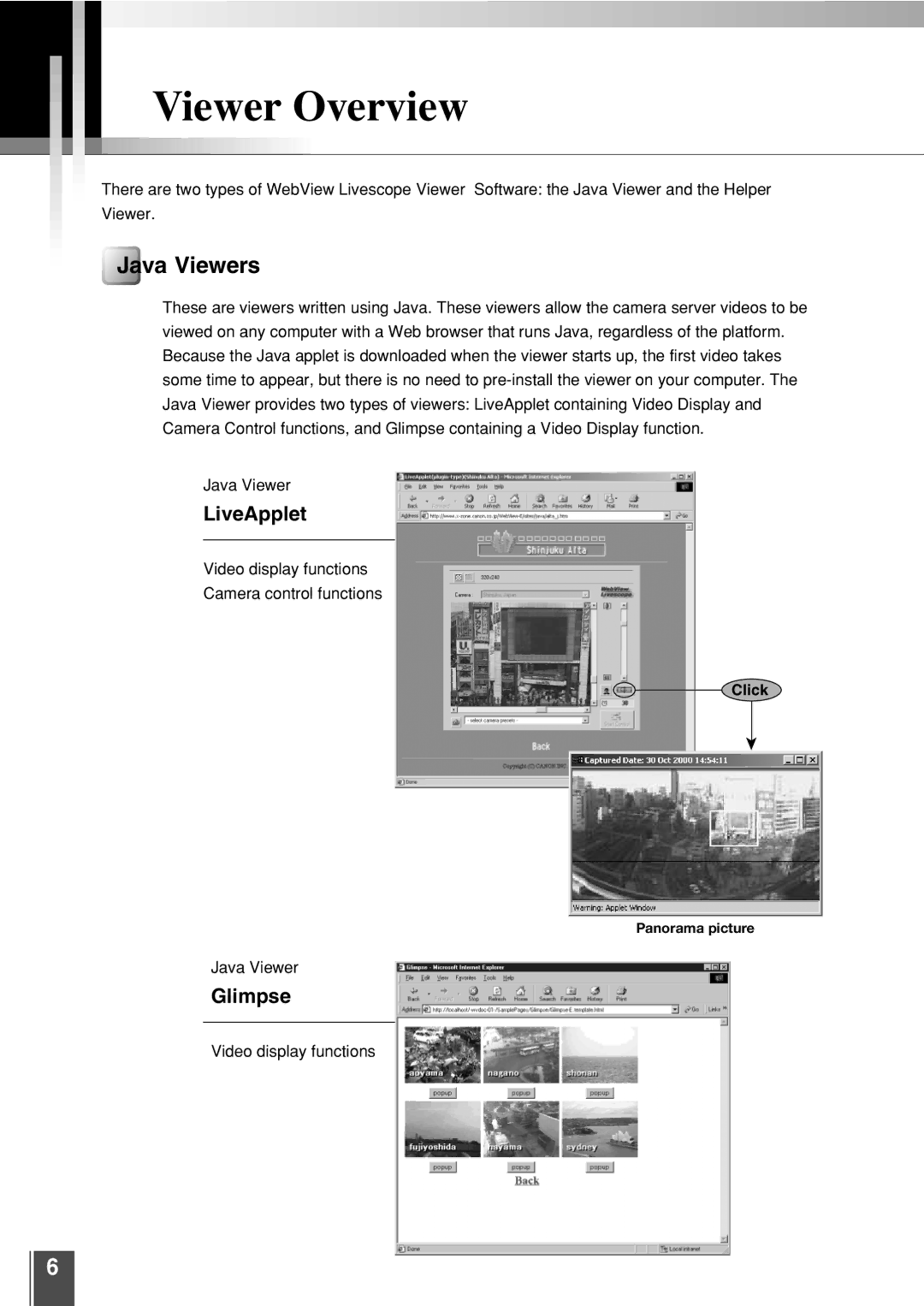 Canon 3.2 user manual Viewer Overview, Java Viewers, LiveApplet, Glimpse 