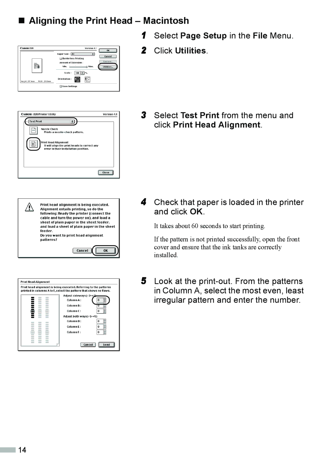 Canon 320 quick start „ Aligning the Print Head Macintosh, Select Page Setup in the File Menu 