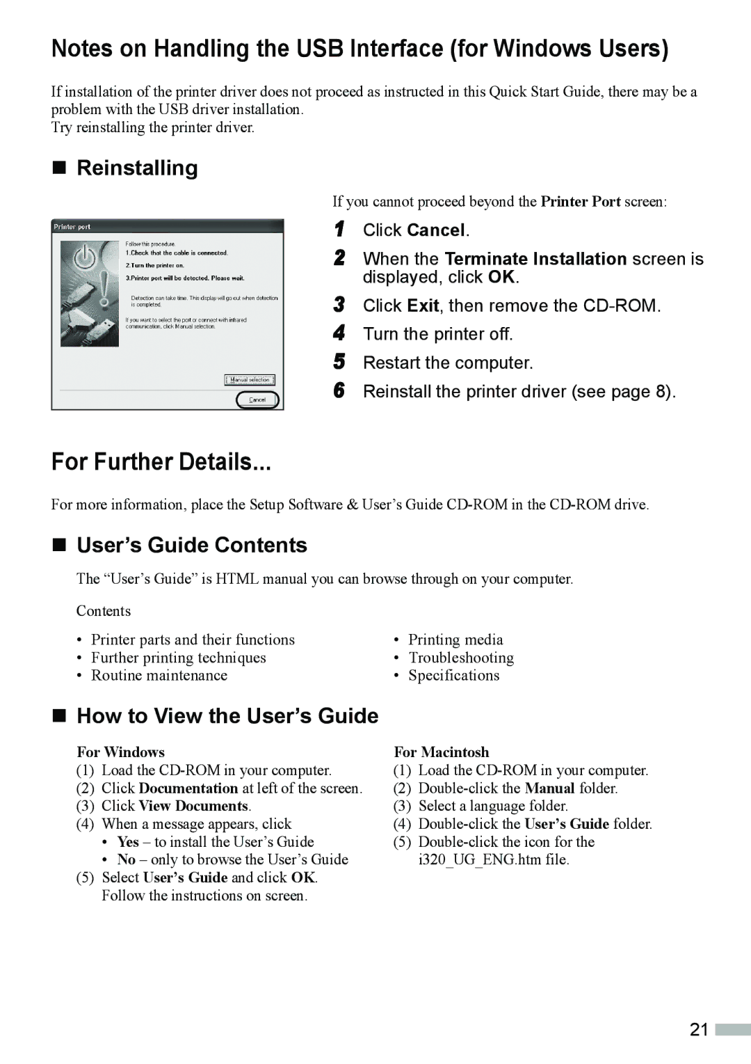 Canon 320 quick start „ Reinstalling, „ User’s Guide Contents, „ How to View the User’s Guide 