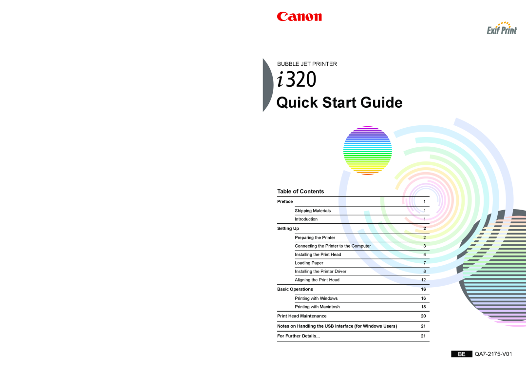 Canon 320 quick start Quick Start Guide, Bubble Jet Printer, Table of Contents, BE QA7-2175-V01, Preface, Setting Up 