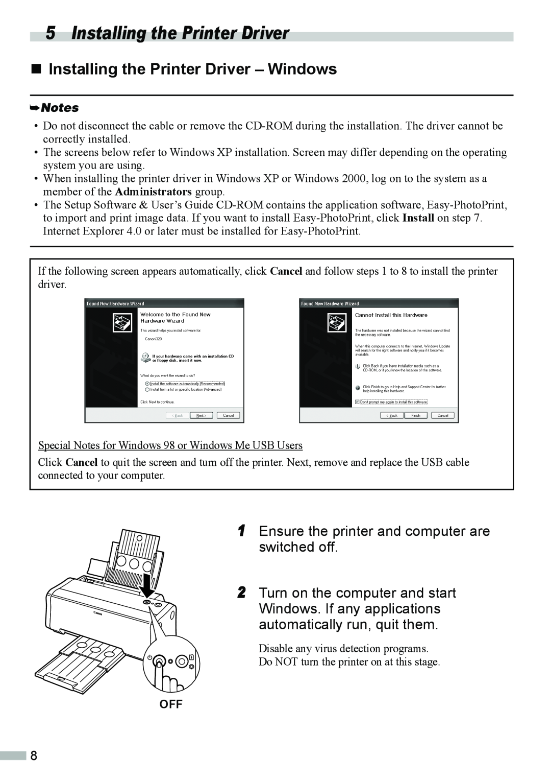 Canon 320 quick start „ Installing the Printer Driver - Windows, Ensure the printer and computer are switched off 