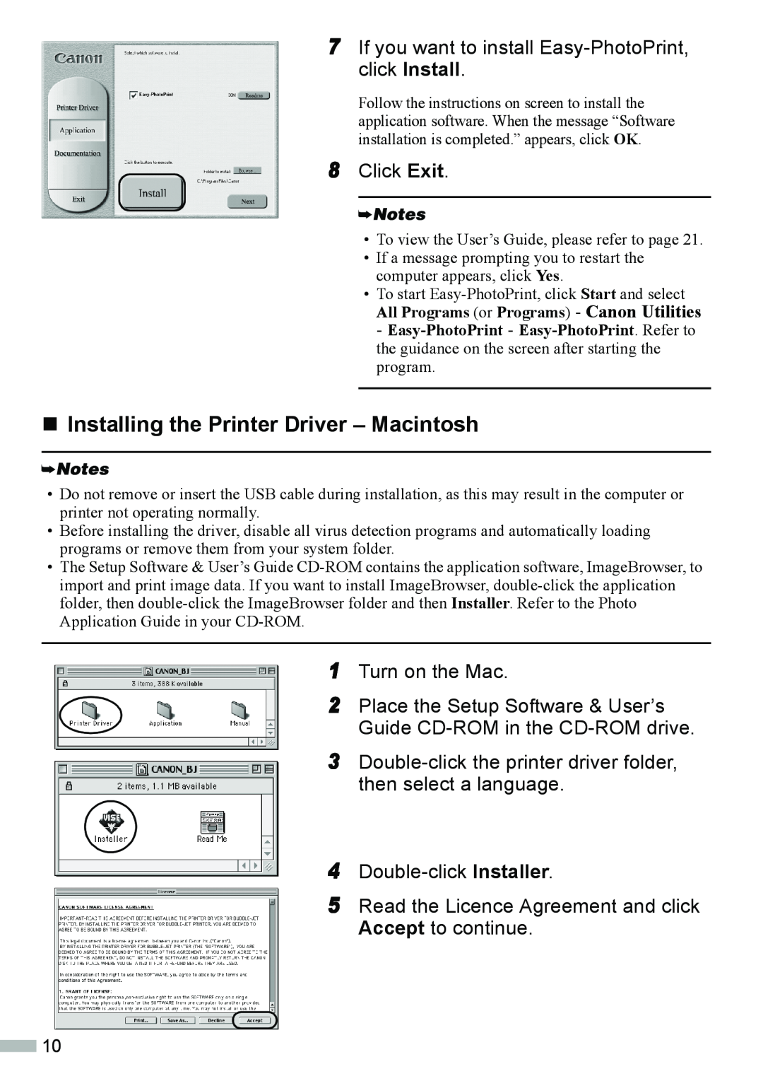 Canon 320 „ Installing the Printer Driver - Macintosh, If you want to install Easy-PhotoPrint, click Install, Click Exit 