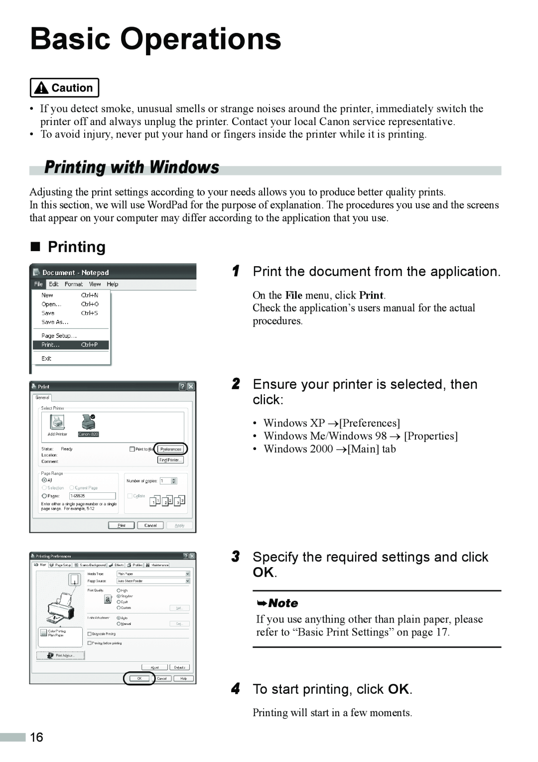 Canon 320 quick start Basic Operations, Printing with Windows, „ Printing, Print the document from the application 