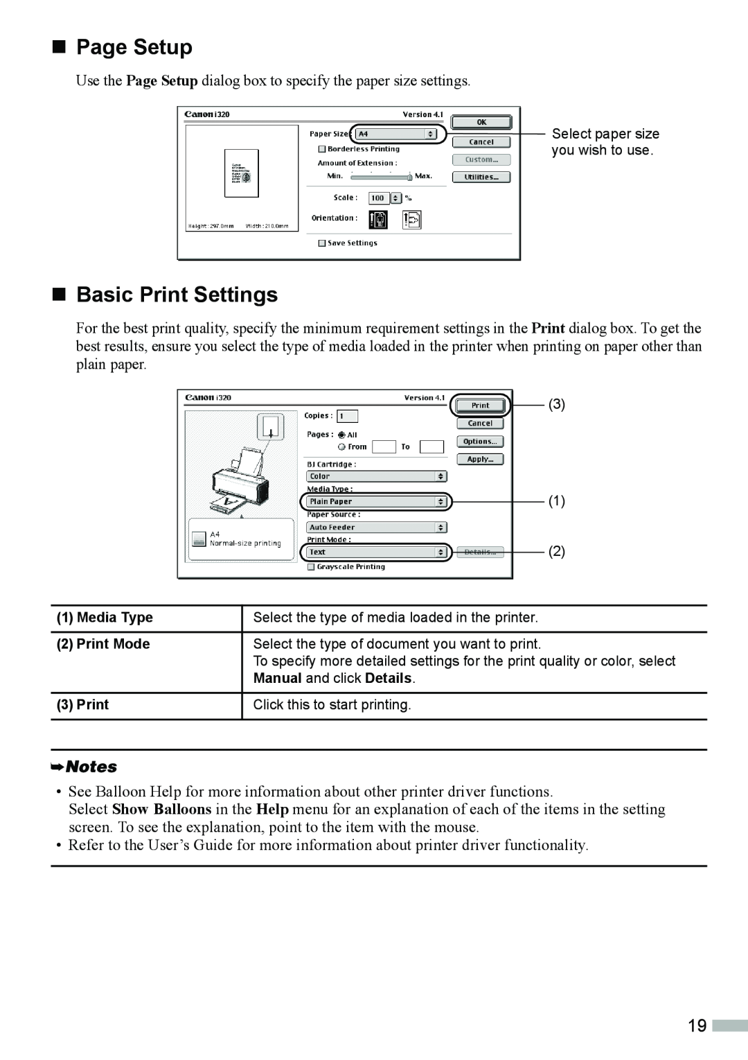 Canon 320 quick start „ Page Setup, „ Basic Print Settings 