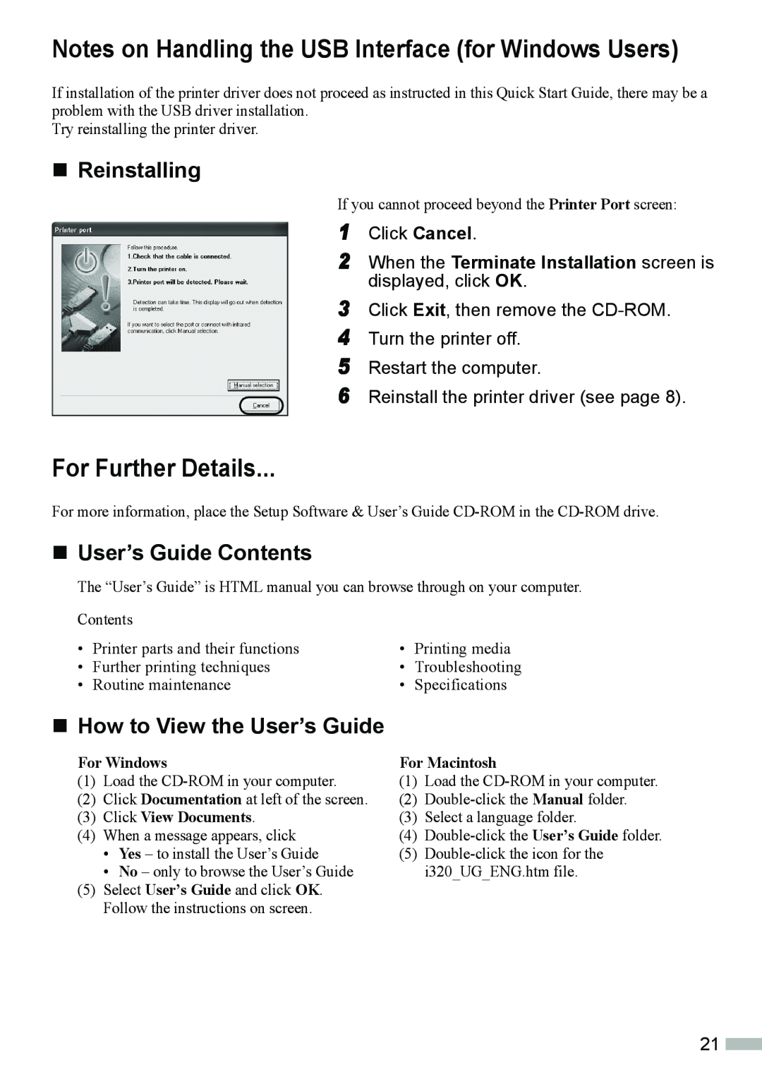 Canon 320 For Further Details, „ Reinstalling, „ User’s Guide Contents, „ How to View the User’s Guide, For Windows 