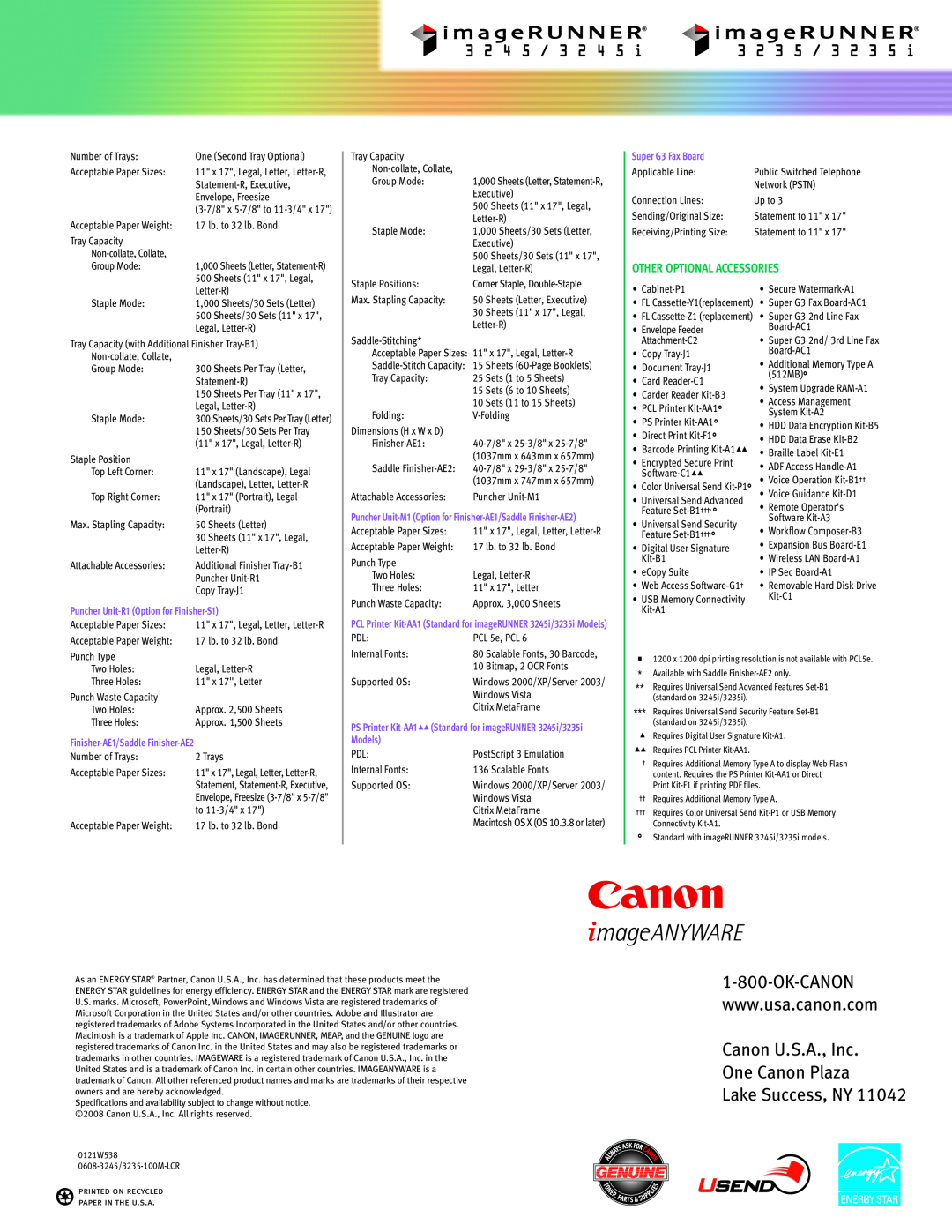 Canon 3245 manual Ok-Canon, Canon U.S.A., Inc One Canon Plaza Lake Success, NY, Other Optional Accessories 