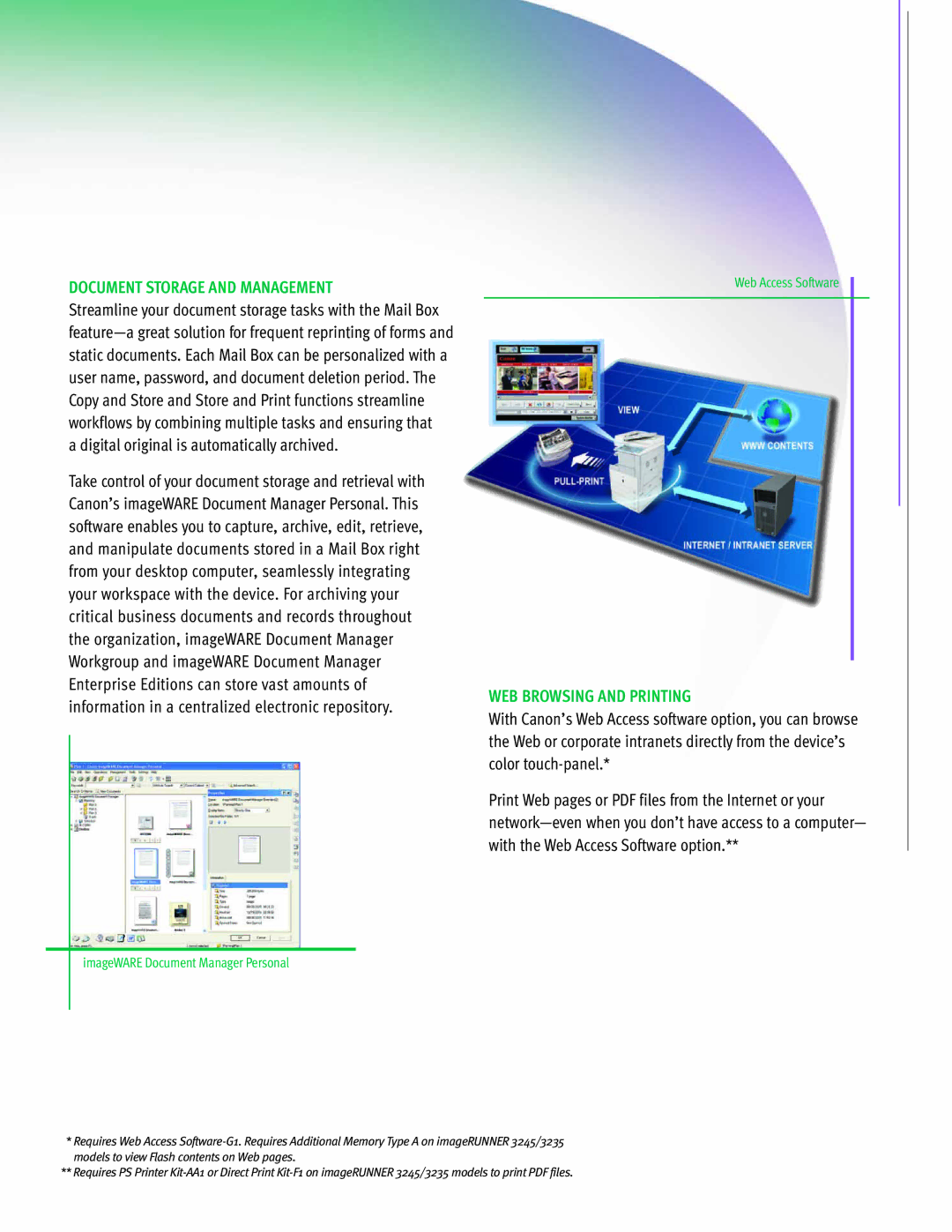 Canon 3245 manual Document Storage and Management, Digital original is automatically archived, WEB Browsing and Printing 