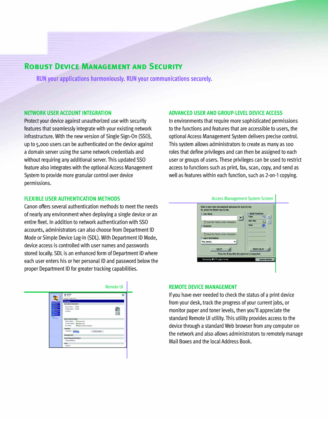 Canon 3245 Robust Device Management and Security, Network User Account Integration, Flexible User Authentication Methods 