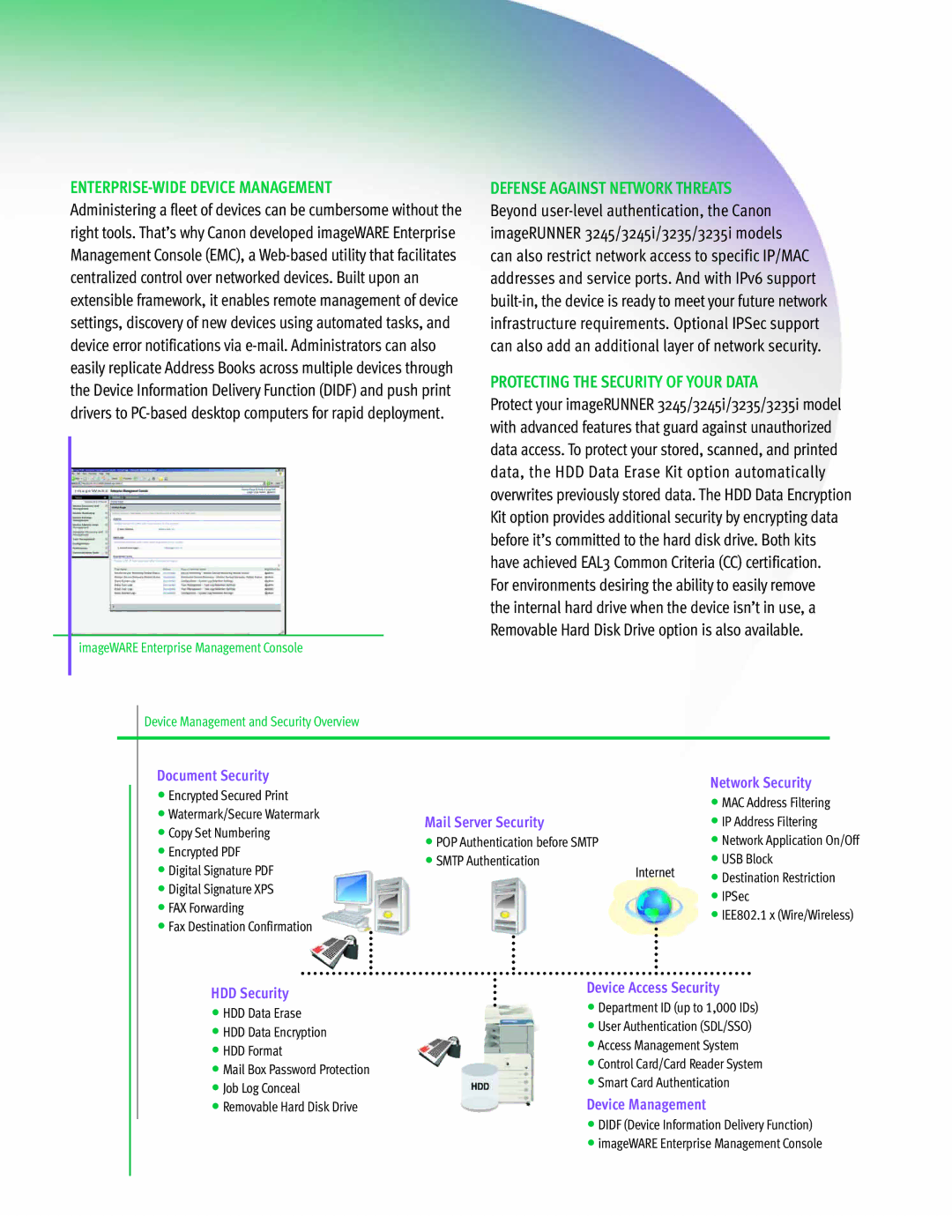 Canon 3245 manual ENTERPRISE-WIDE Device Management, Defense Against Network Threats, Protecting the Security of Your Data 