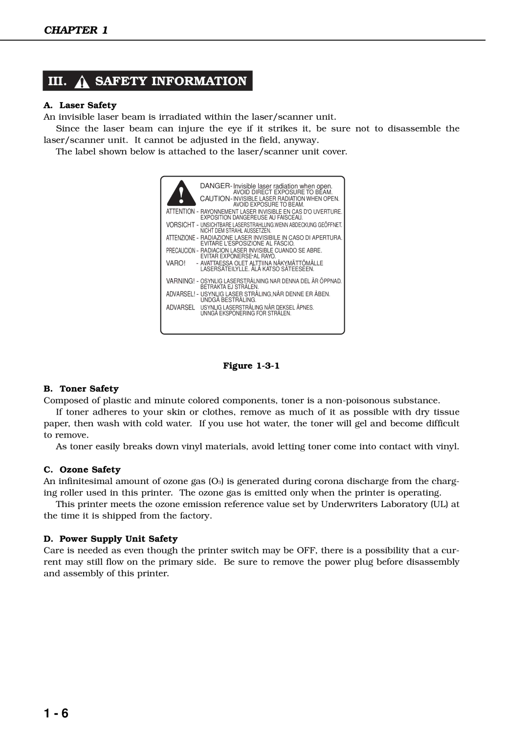 Canon 3260 manual III. Safety Information, Laser Safety, Toner Safety, Ozone Safety, Power Supply Unit Safety 