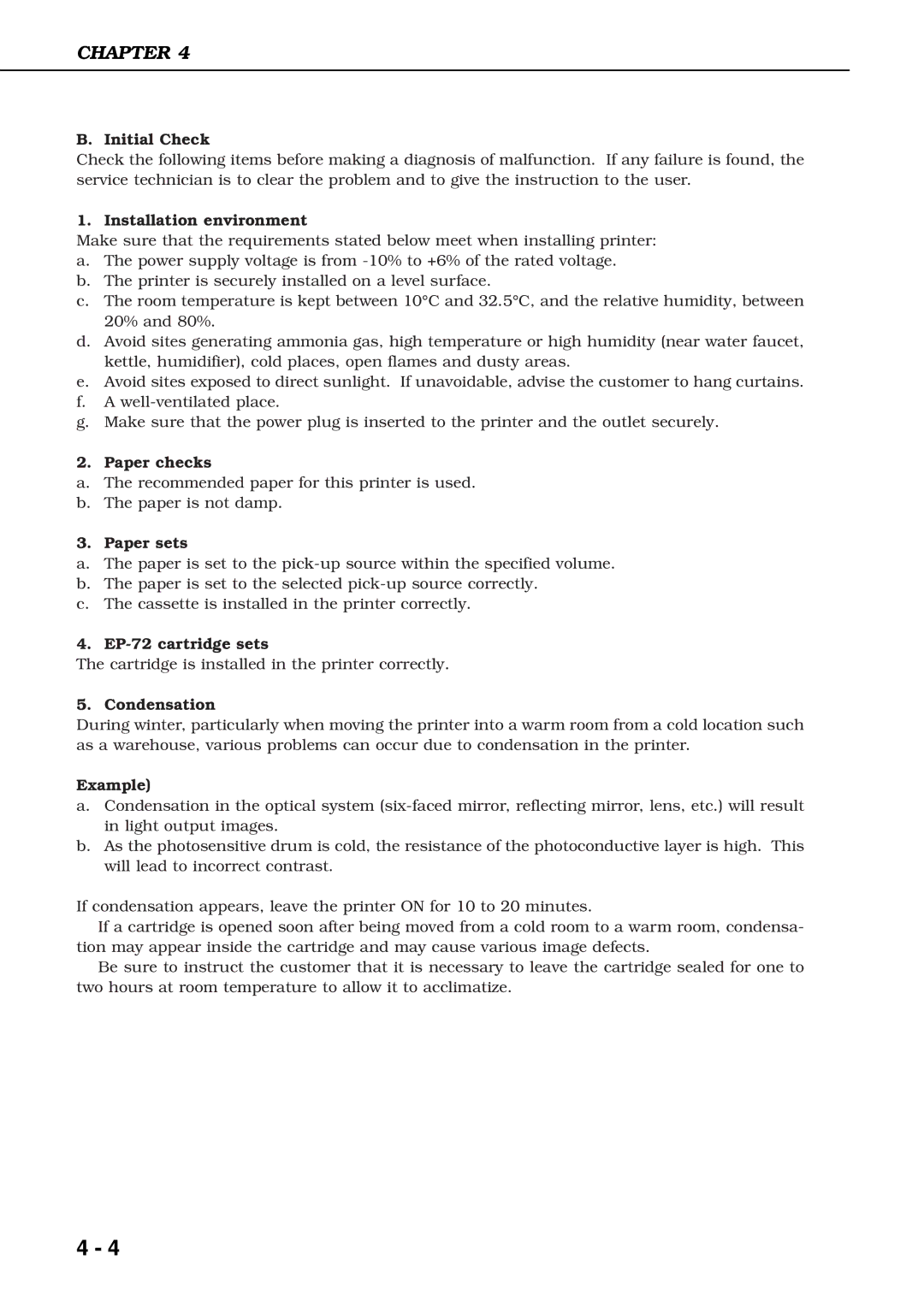 Canon 3260 manual Installation environment, Paper checks, Paper sets, EP-72 cartridge sets, Condensation, Example 
