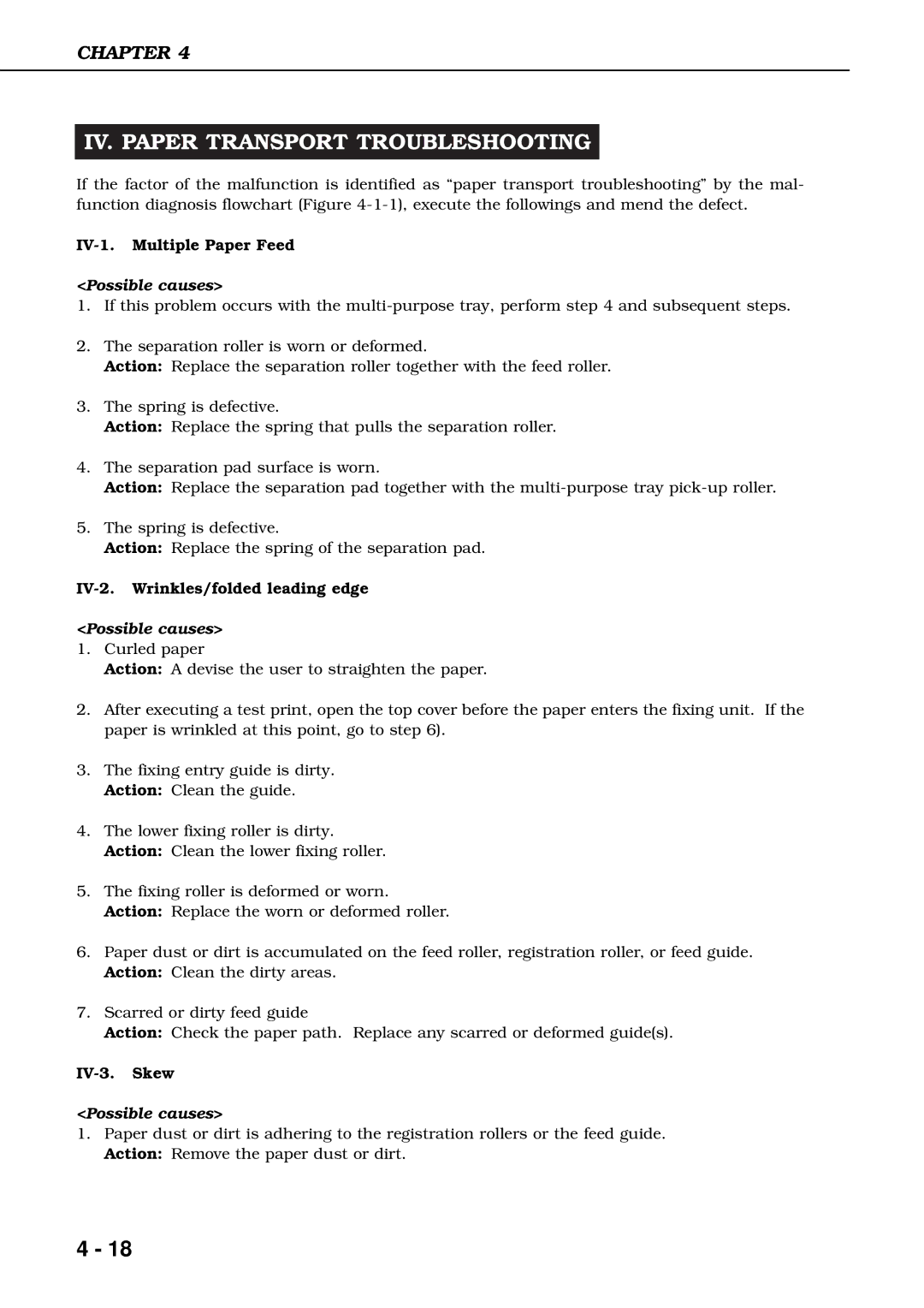 Canon 3260 IV. Paper Transport Troubleshooting, IV-1. Multiple Paper Feed, IV-2. Wrinkles/folded leading edge, IV-3. Skew 