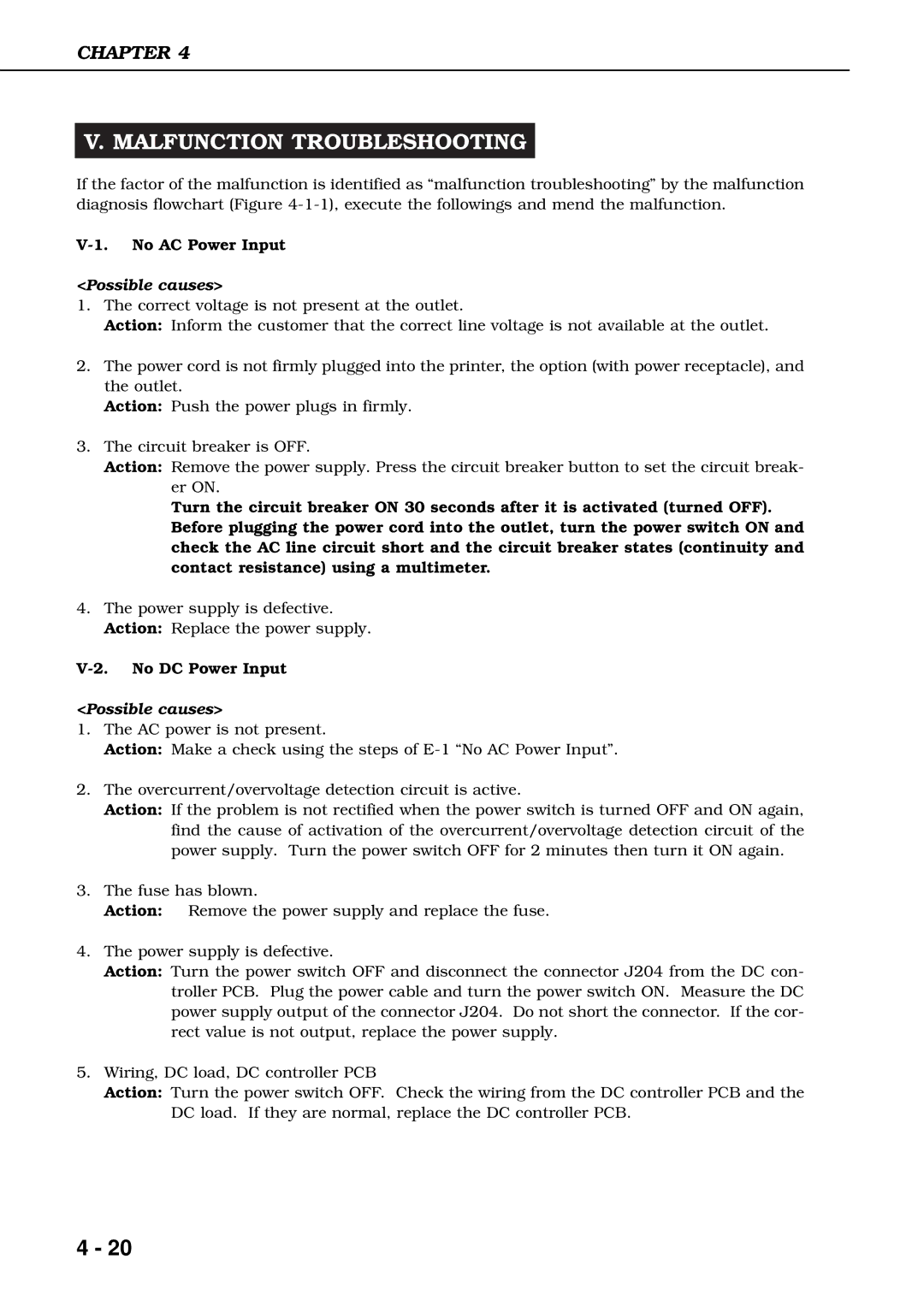 Canon 3260 manual Malfunction Troubleshooting, No AC Power Input, No DC Power Input 