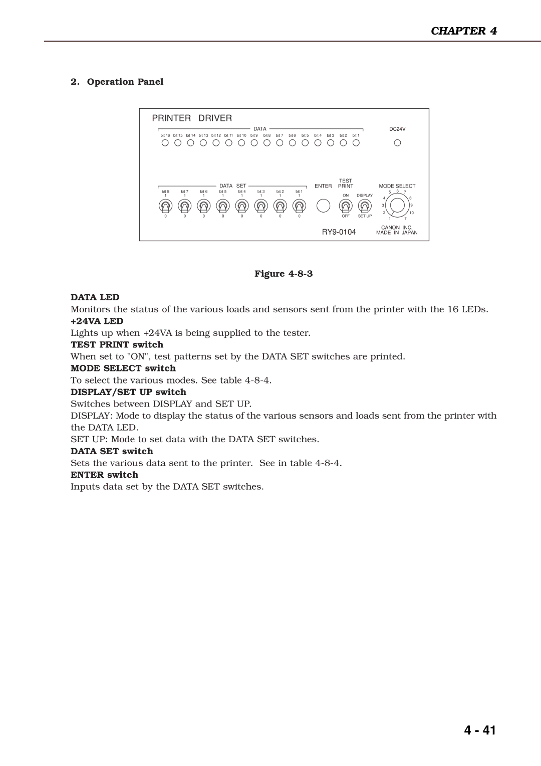 Canon 3260 manual Test Print switch, Mode Select switch, DISPLAY/SET UP switch, Data SET switch, Enter switch 