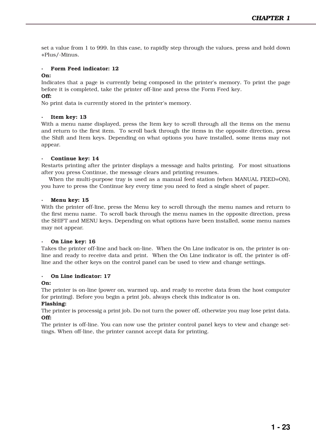 Canon 3260 · Form Feed indicator 12 On, · Item key, · Continue key, · Menu key, · On Line key, · On Line indicator 17 On 