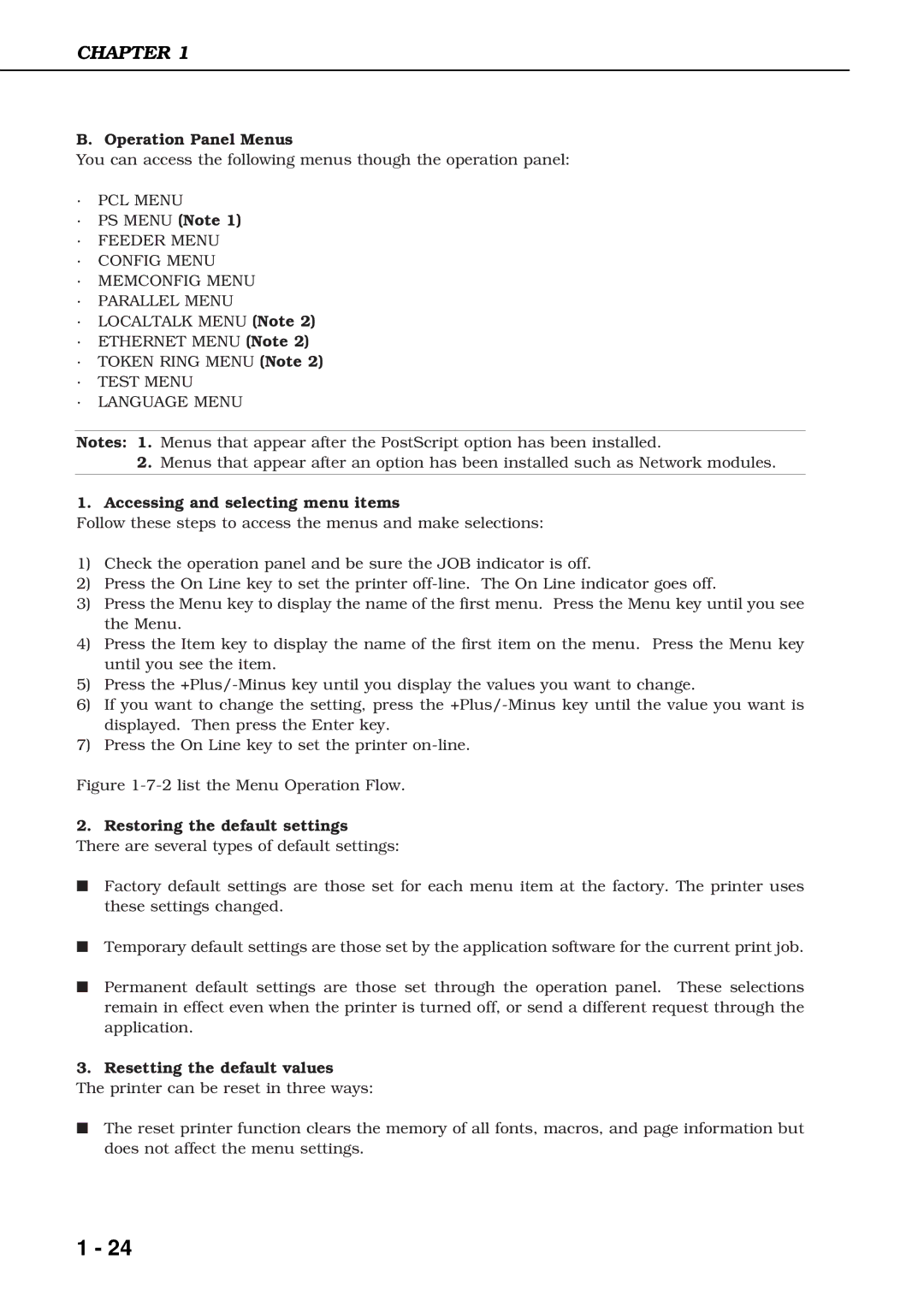 Canon 3260 manual Operation Panel Menus, Accessing and selecting menu items, Restoring the default settings 