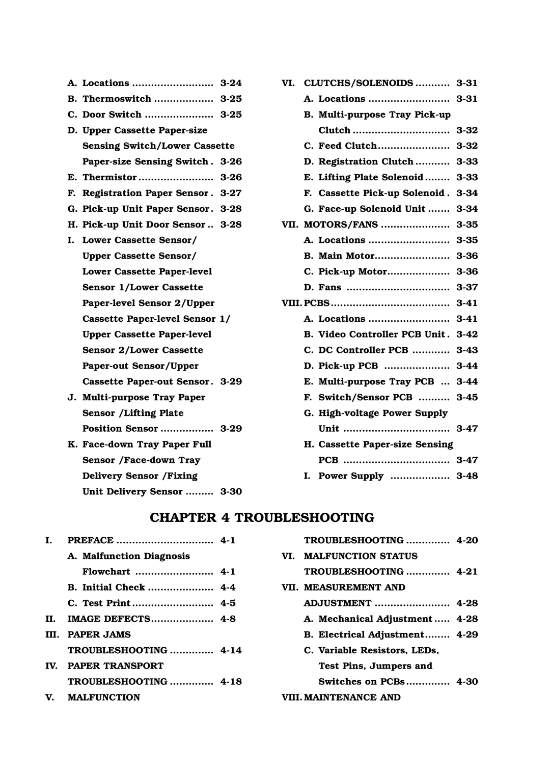 Canon 3260 manual Locations Main Motor Pick-up Motor Fans, Malfunction Diagnosis, Flowchart, Initial Check, Test Print 