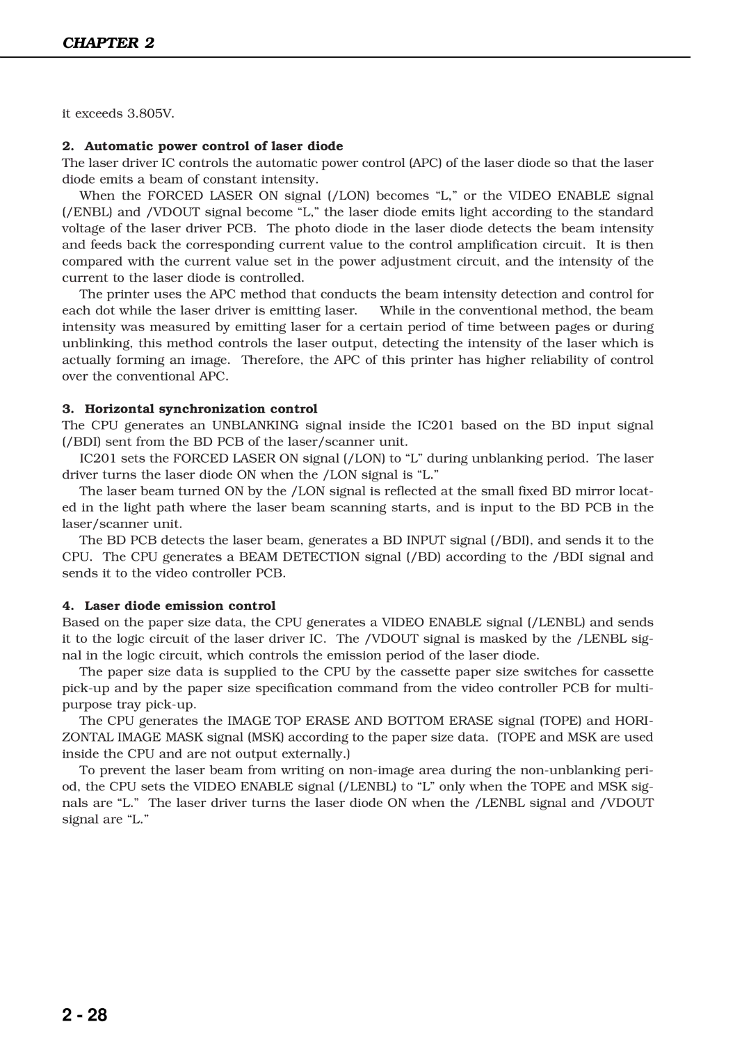 Canon 3260 manual Automatic power control of laser diode, Horizontal synchronization control, Laser diode emission control 
