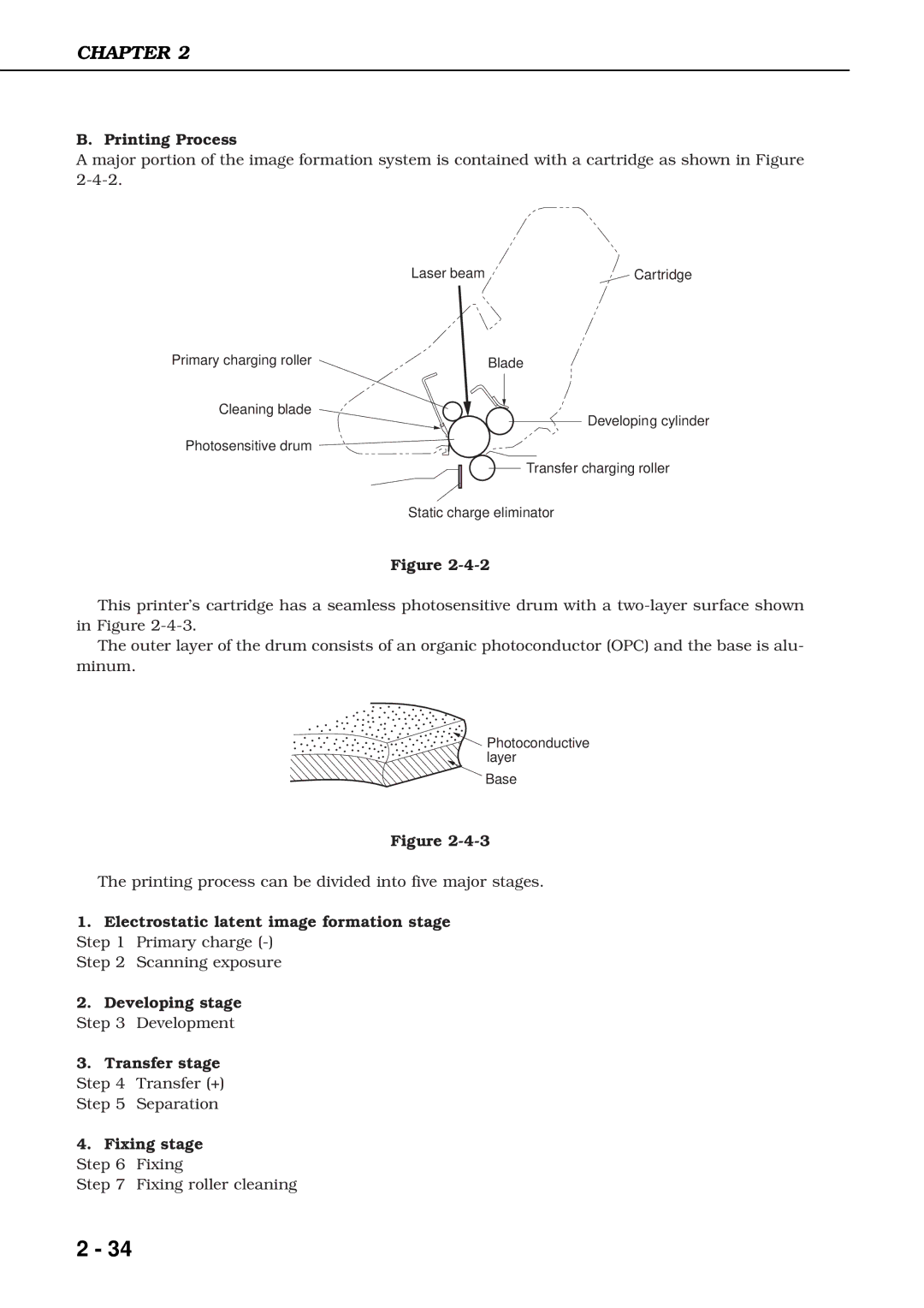 Canon 3260 manual Printing Process, Electrostatic latent image formation stage Primary charge, Developing stage 