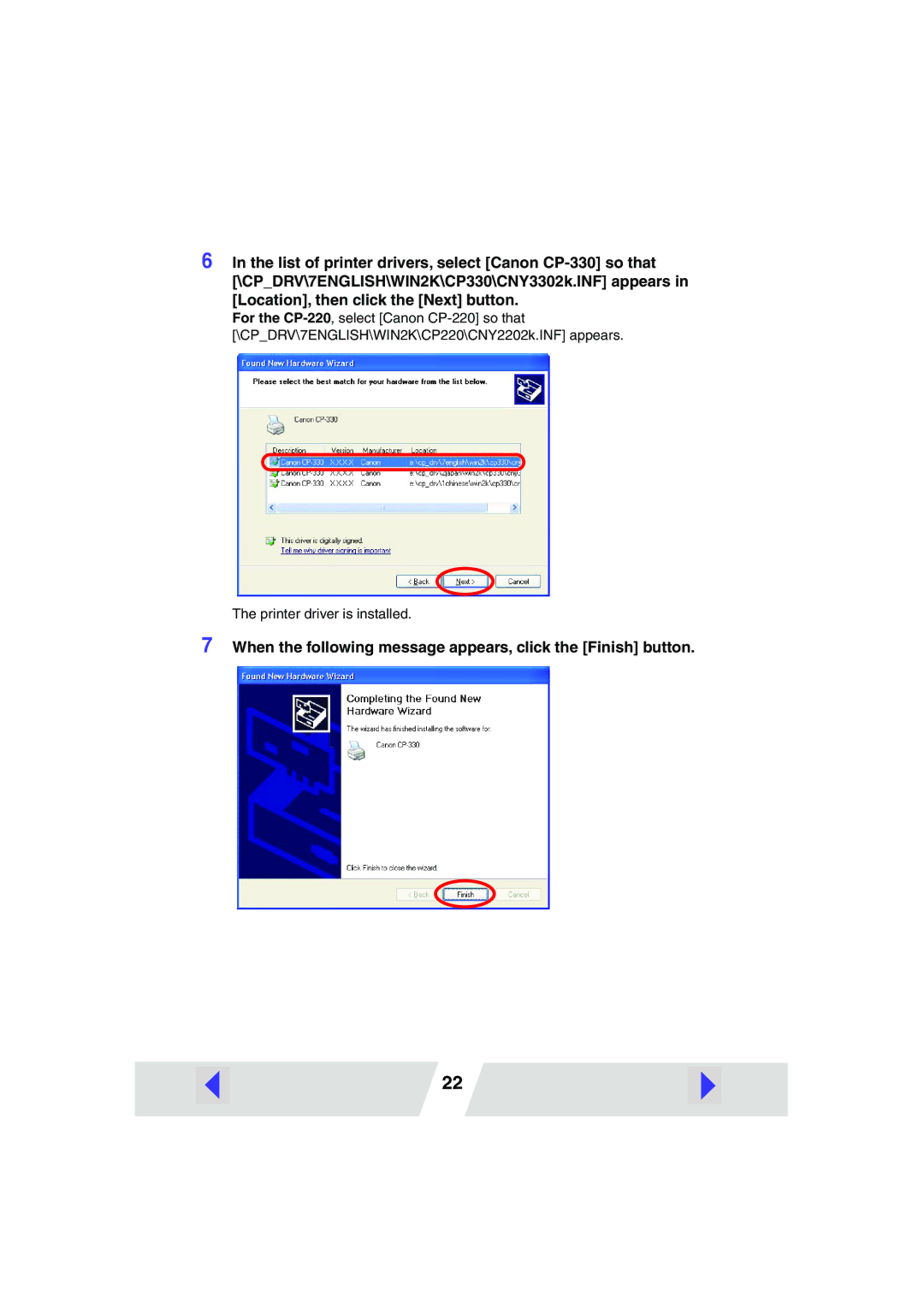 Canon 330, 220 manual When the following message appears, click the Finish button 