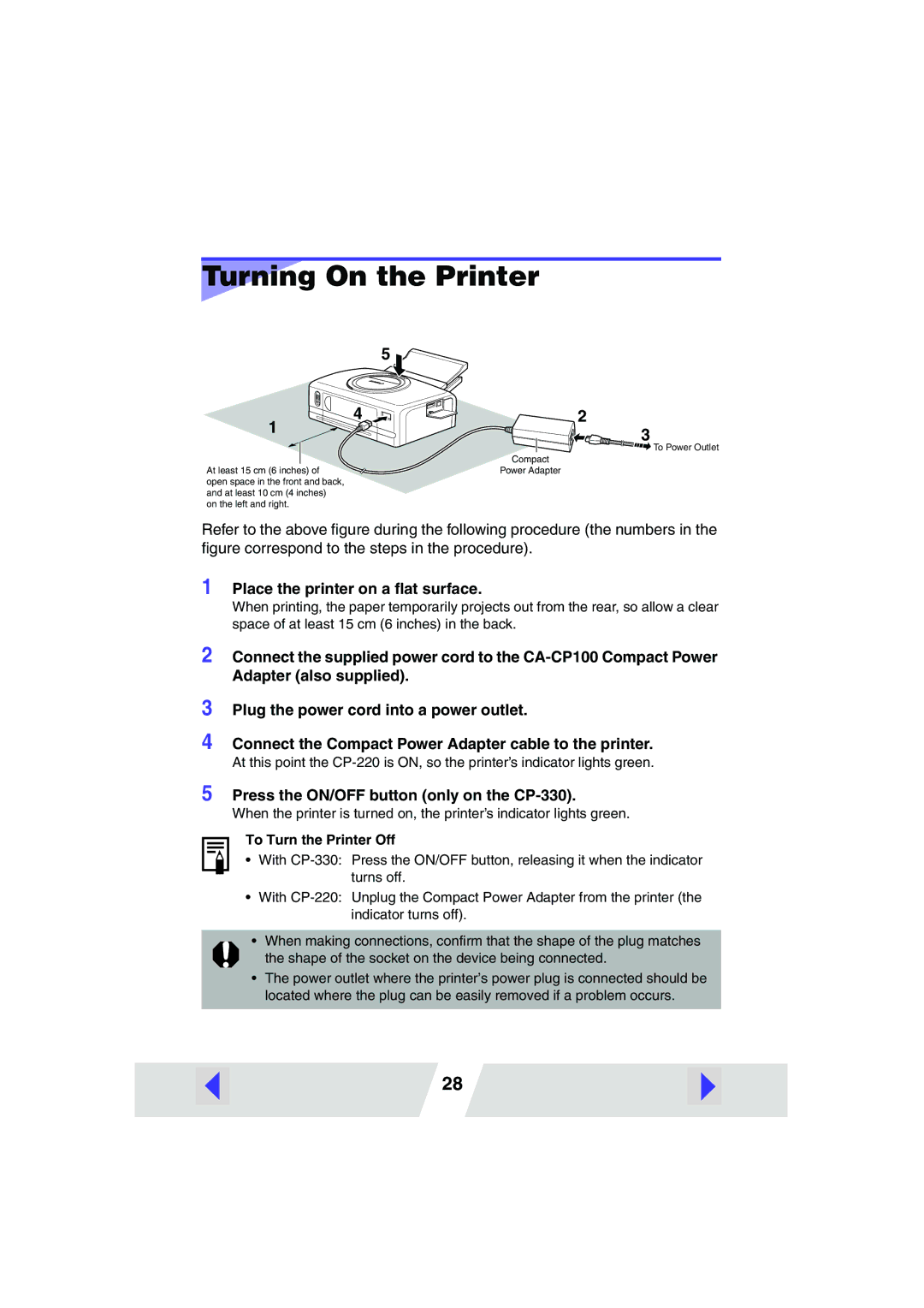 Canon 330, 220 manual Turning On the Printer, Place the printer on a ﬂat surface 