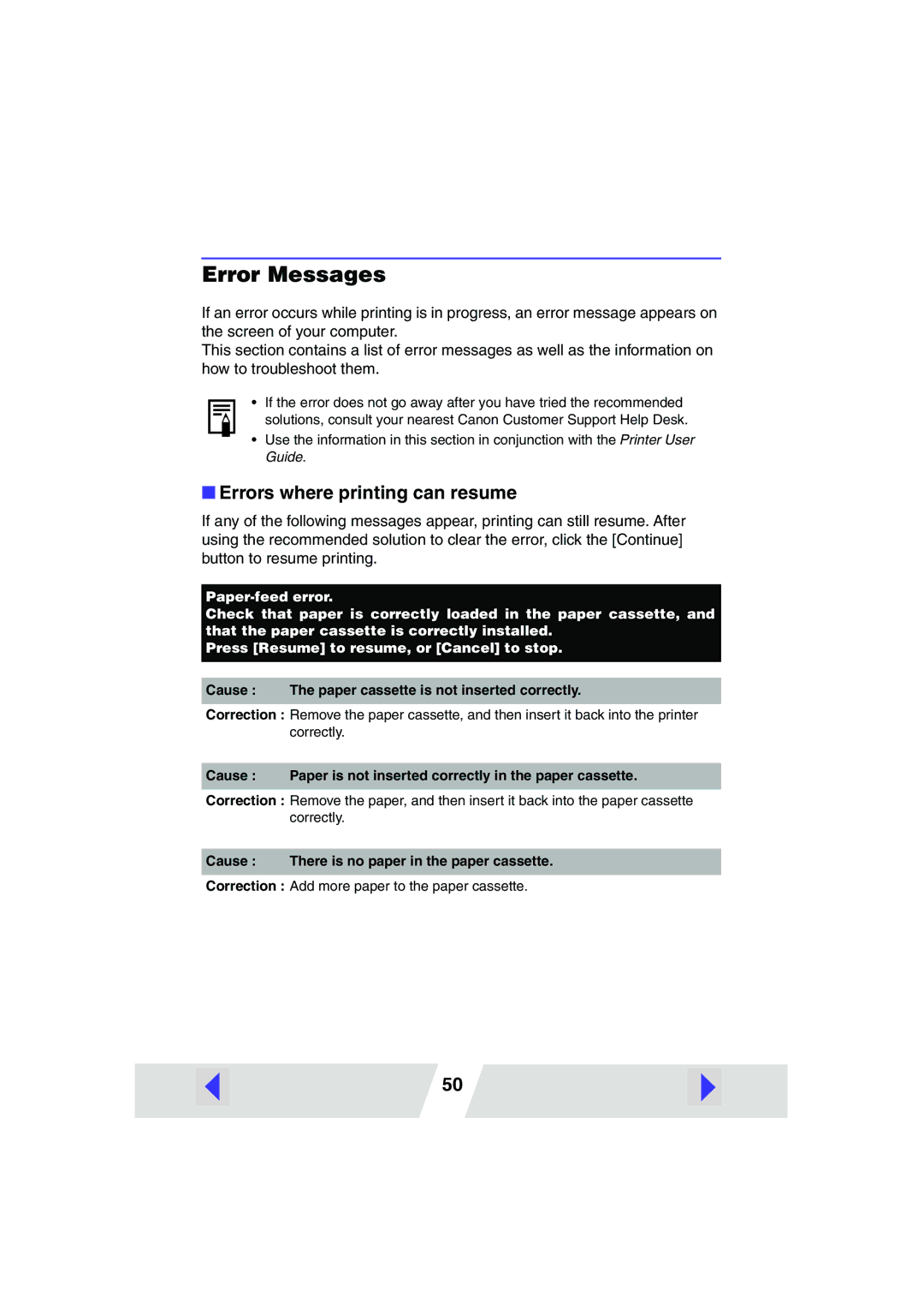 Canon 330, 220 manual Error Messages, Errors where printing can resume 