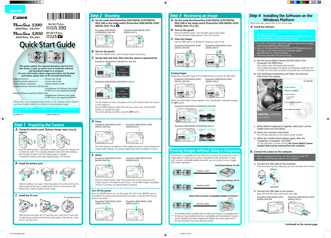 Canon S200, 330, V2 manual Preparing the Camera, Shooting, Reviewing an Image, Printing Images without Using a Computer 