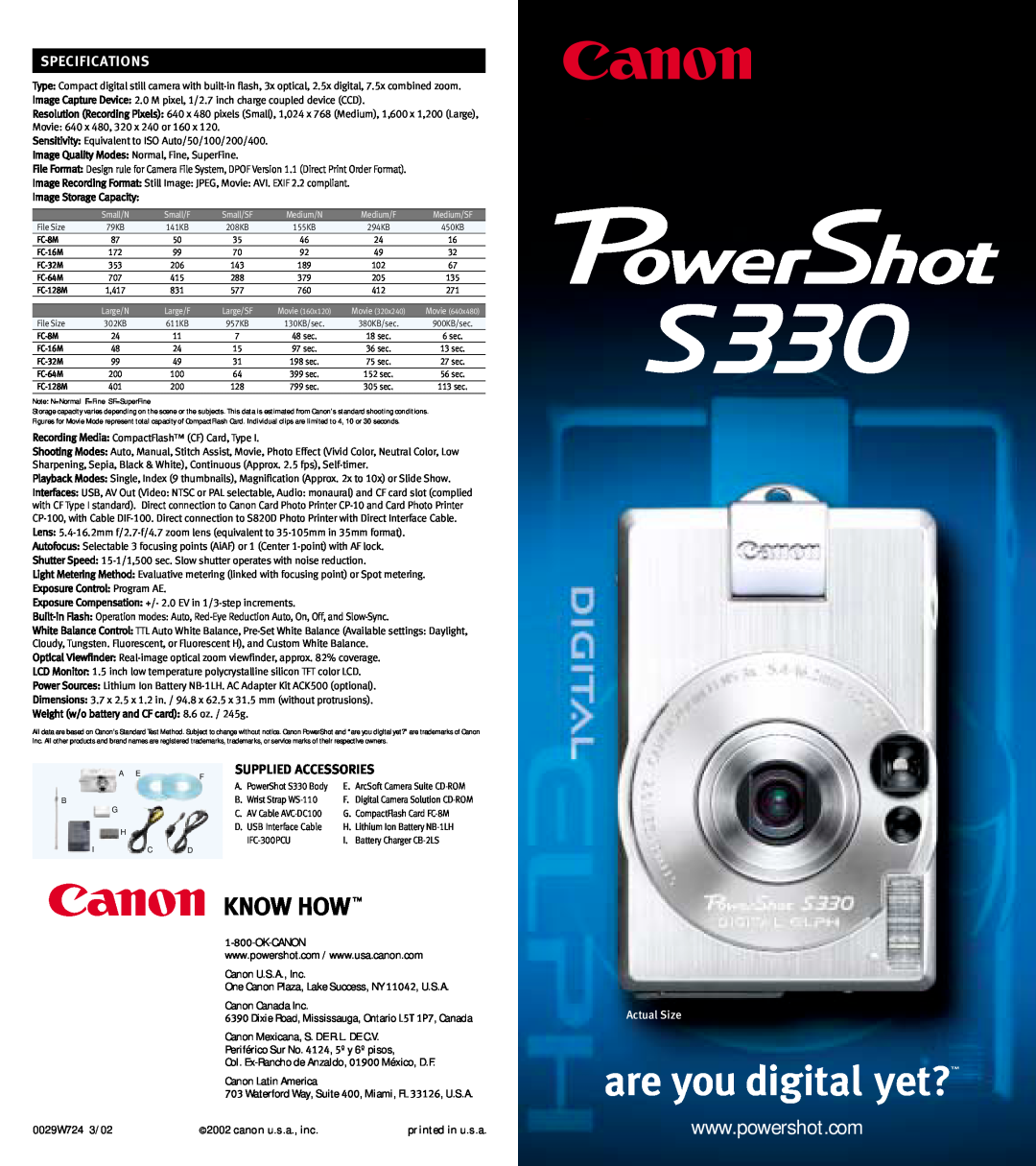 Canon 330 specifications Specifications, Supplied Accessories, Actual Size 