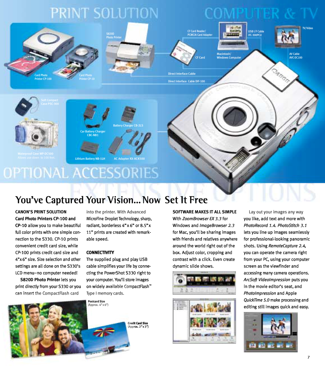 Canon 330 specifications Canon’S Print Solution, Card Photo Printers CP-100 and, Connectivity, S820D Photo Printer lets you 