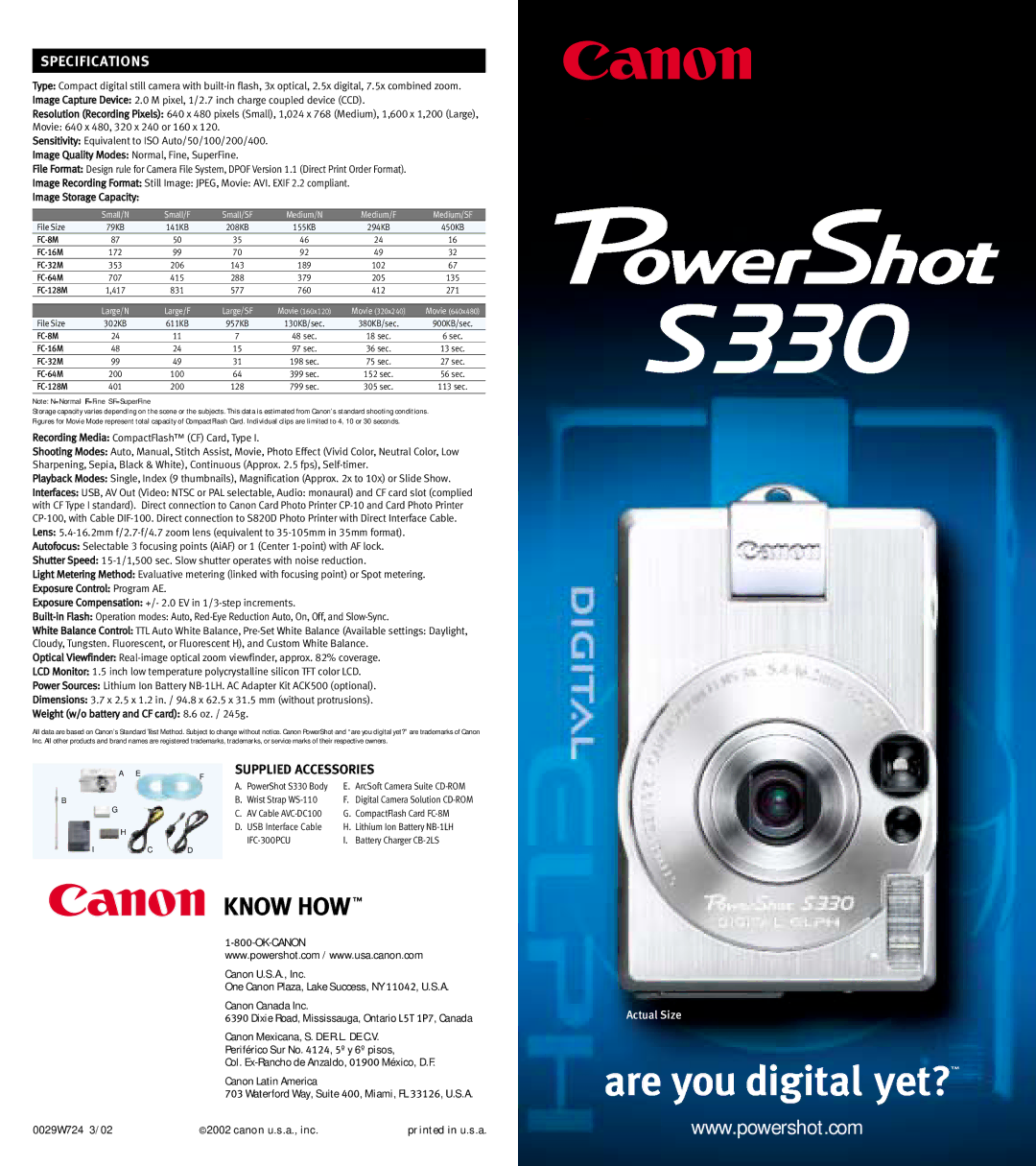 Canon 330 specifications Specifications 