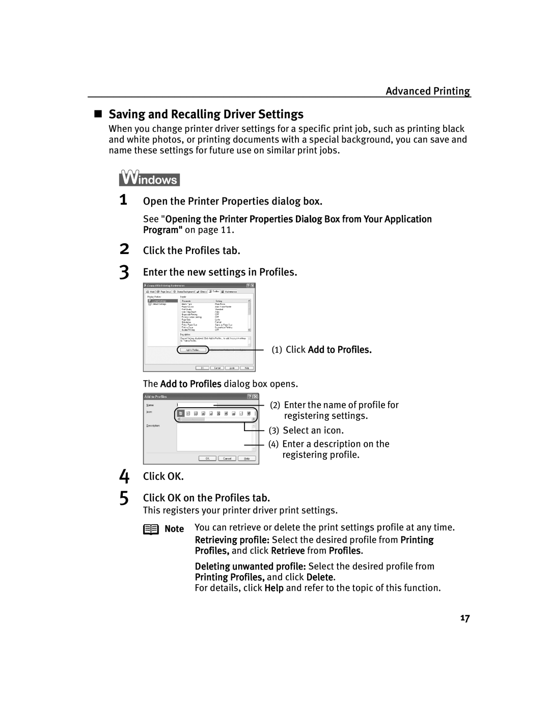 Canon 250, 350 quick start „ Saving and Recalling Driver Settings, Click the Profiles tab Enter the new settings in Profiles 