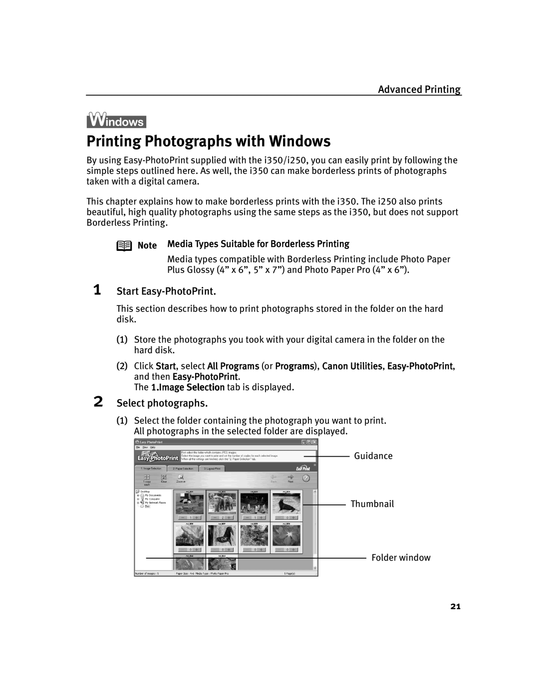 Canon 250, 350 quick start Printing Photographs with Windows, Start Easy-PhotoPrint, Select photographs 