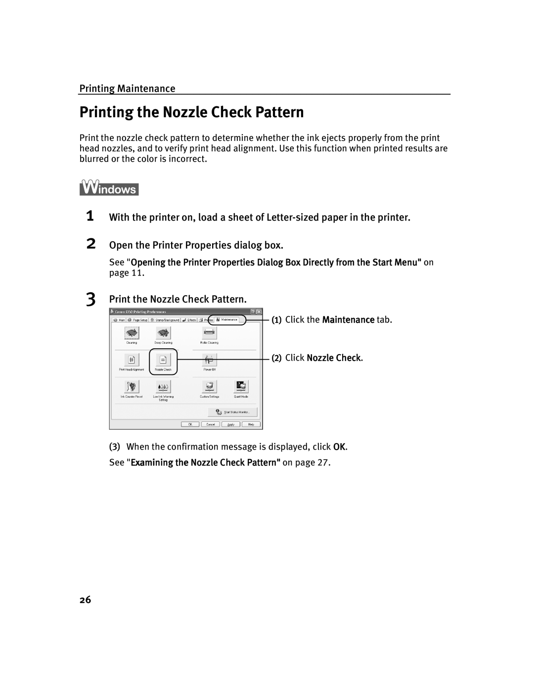 Canon 350, 250 quick start Printing the Nozzle Check Pattern, Print the Nozzle Check Pattern, Click Nozzle Check 