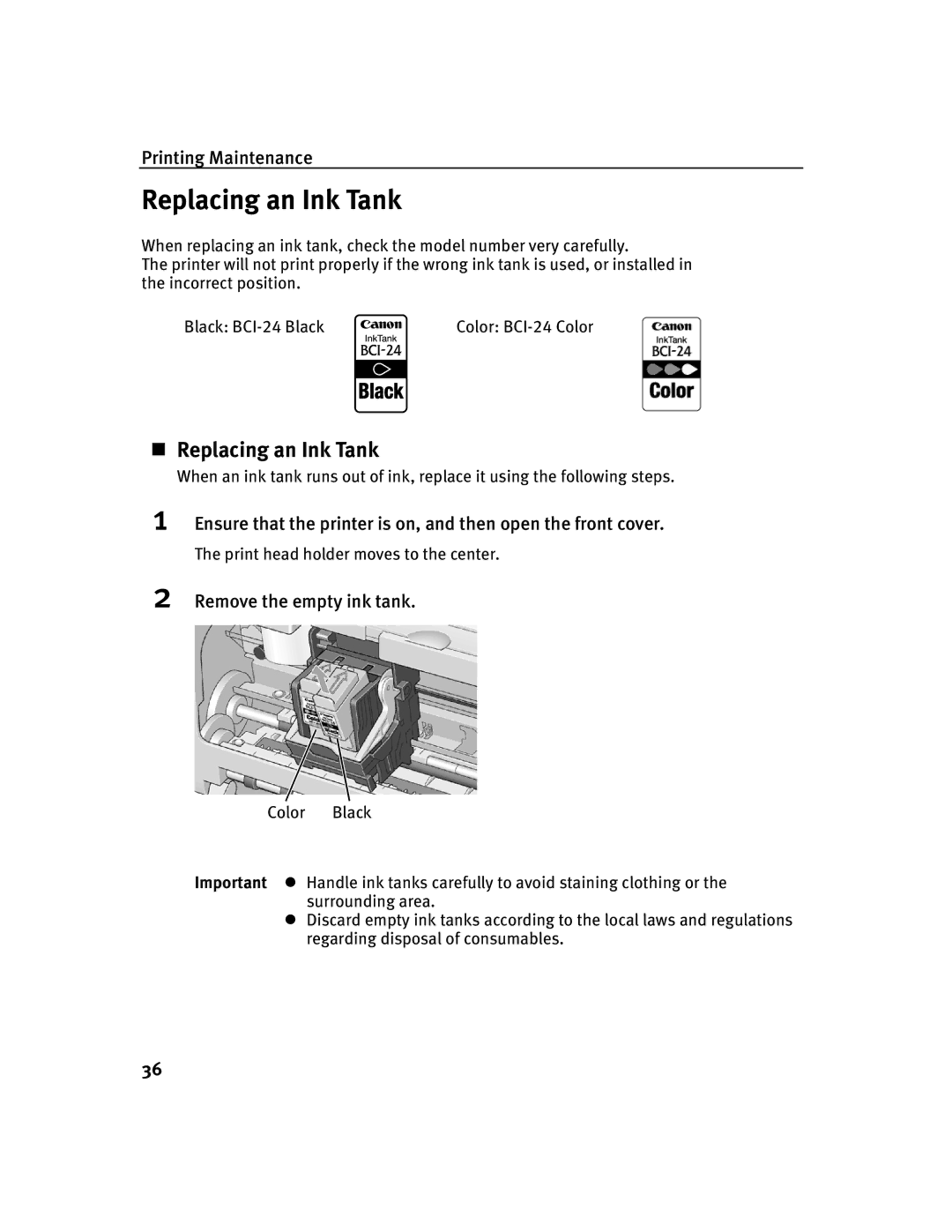 Canon 350, 250 quick start „ Replacing an Ink Tank, Remove the empty ink tank 