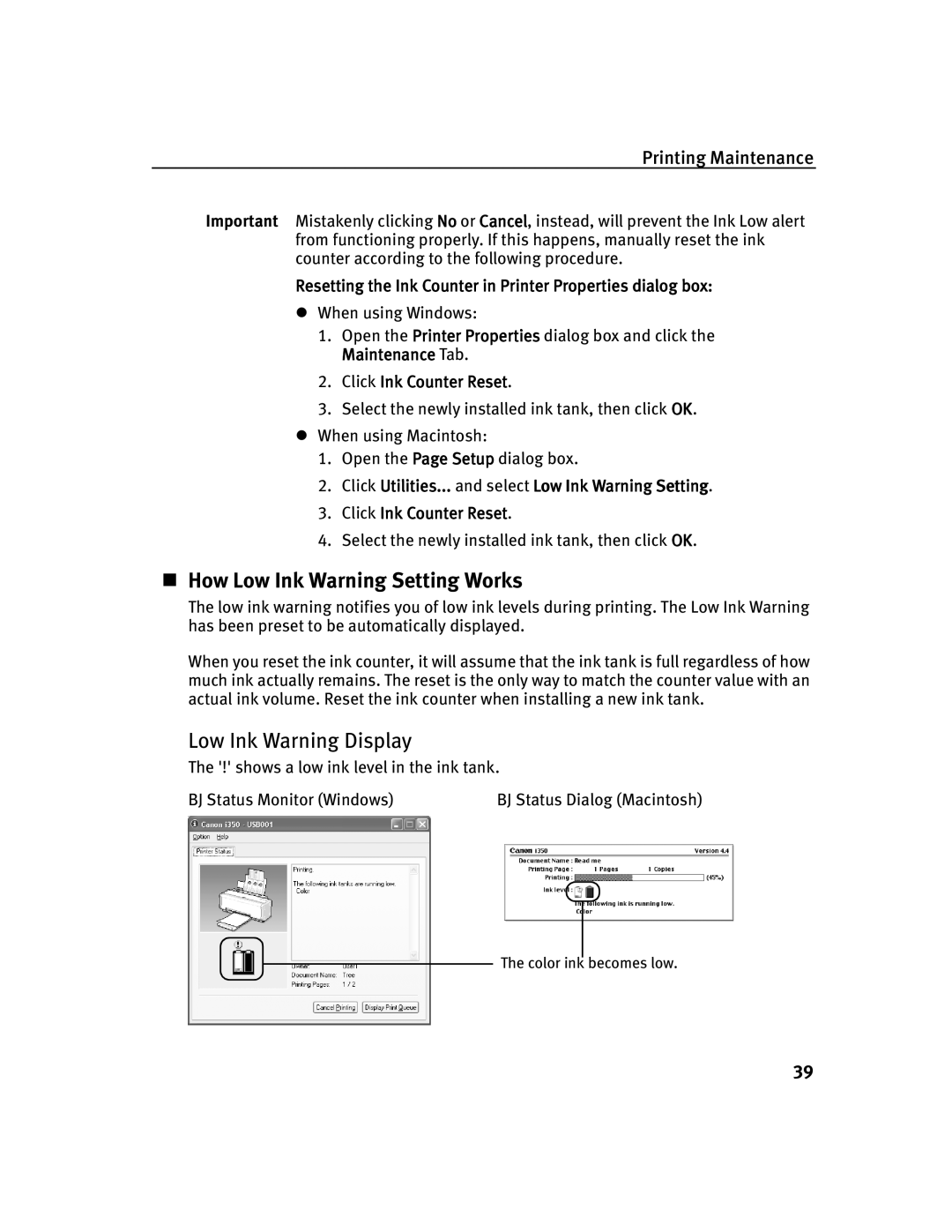 Canon 250, 350 quick start „ How Low Ink Warning Setting Works, Resetting the Ink Counter in Printer Properties dialog box 